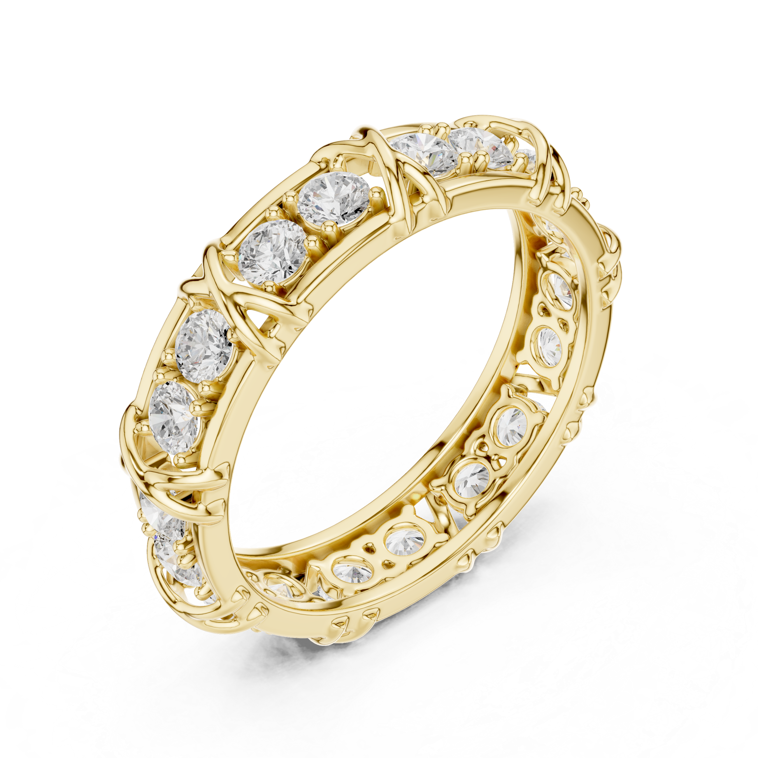 Round Cut Eternity Ring with Vintage X-Prong Cage Design