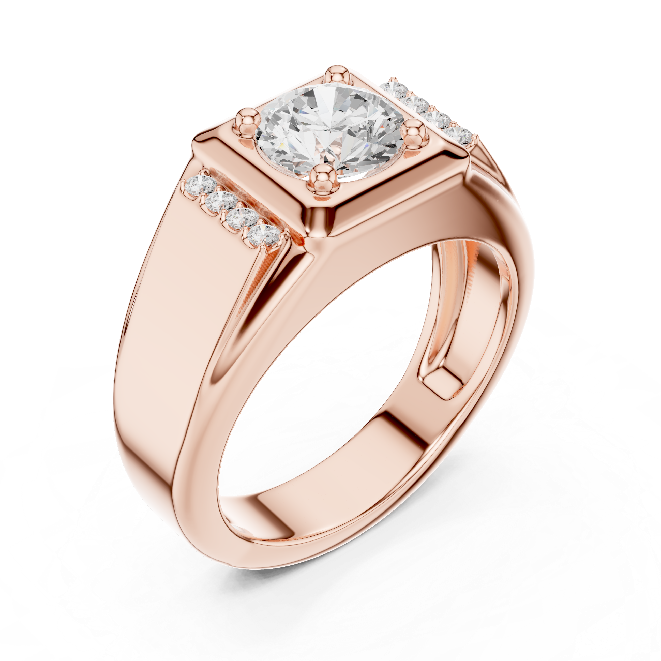 Round Cut Stone Men's Ring – Bold Design with Side Pavé Details