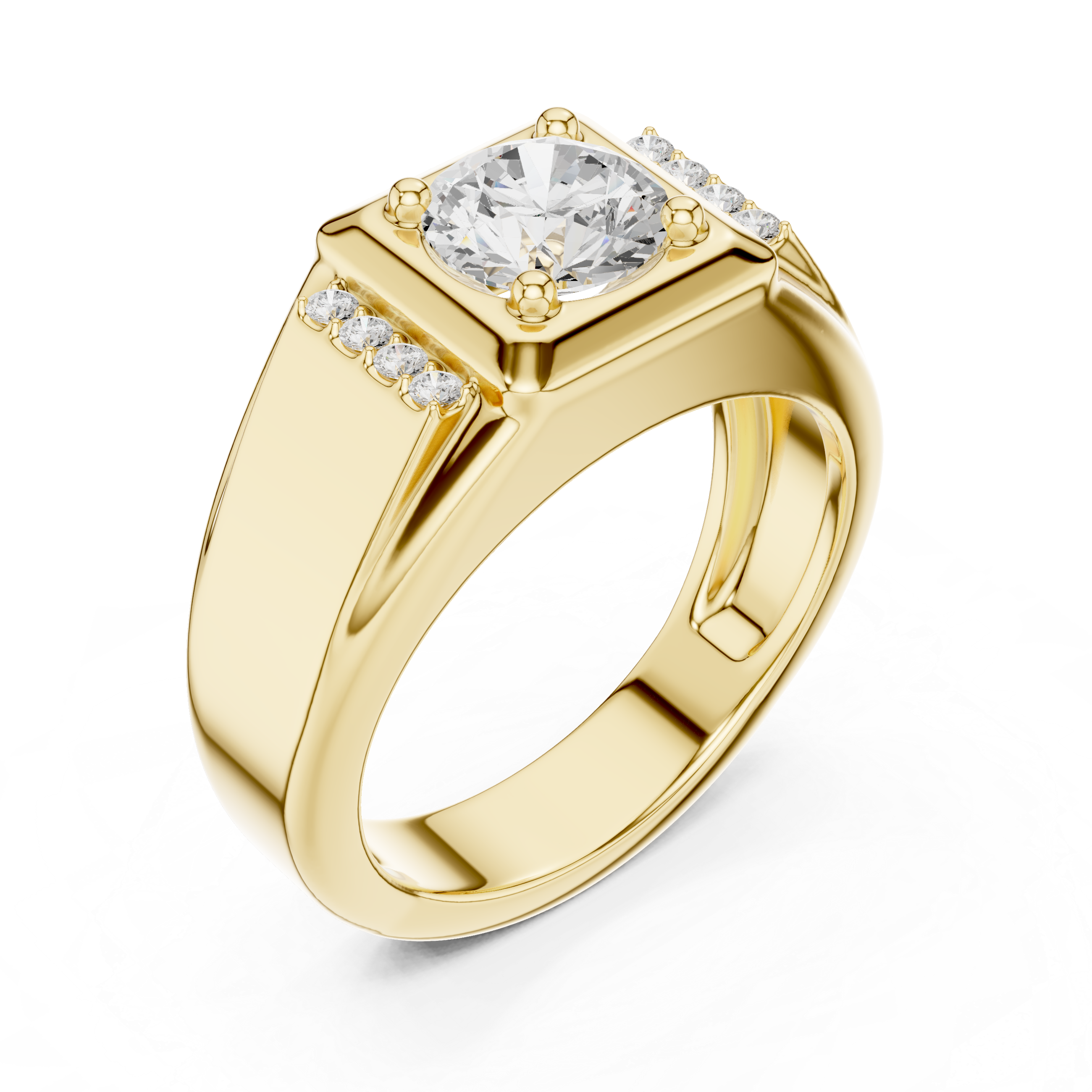 Round Cut Stone Men's Ring – Bold Design with Side Pavé Details