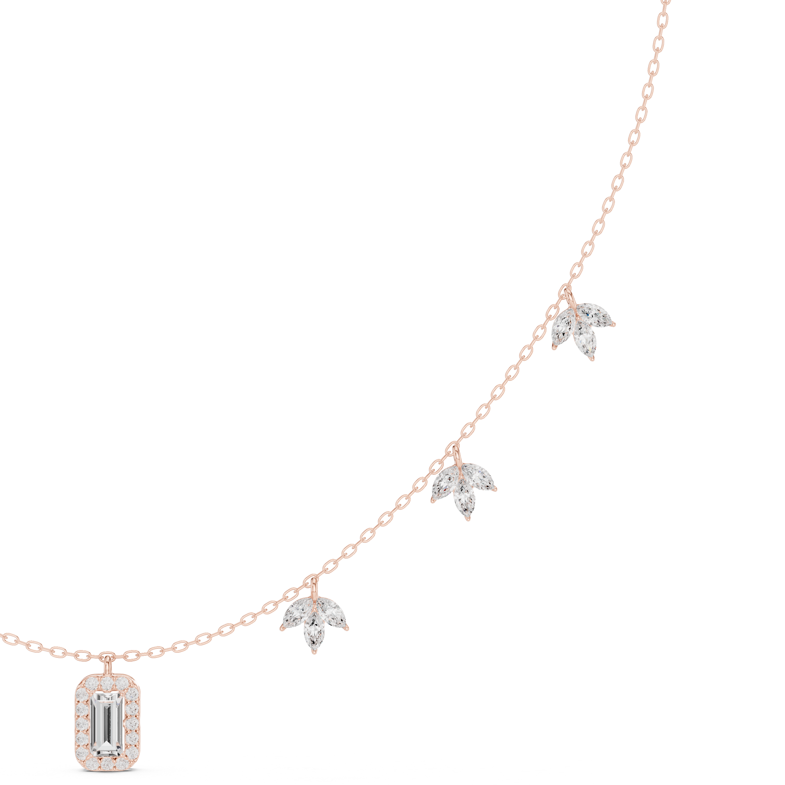 Emerald Halo & Marquise Floral Diamond Necklace – Delicate Nature-Inspired Elegance