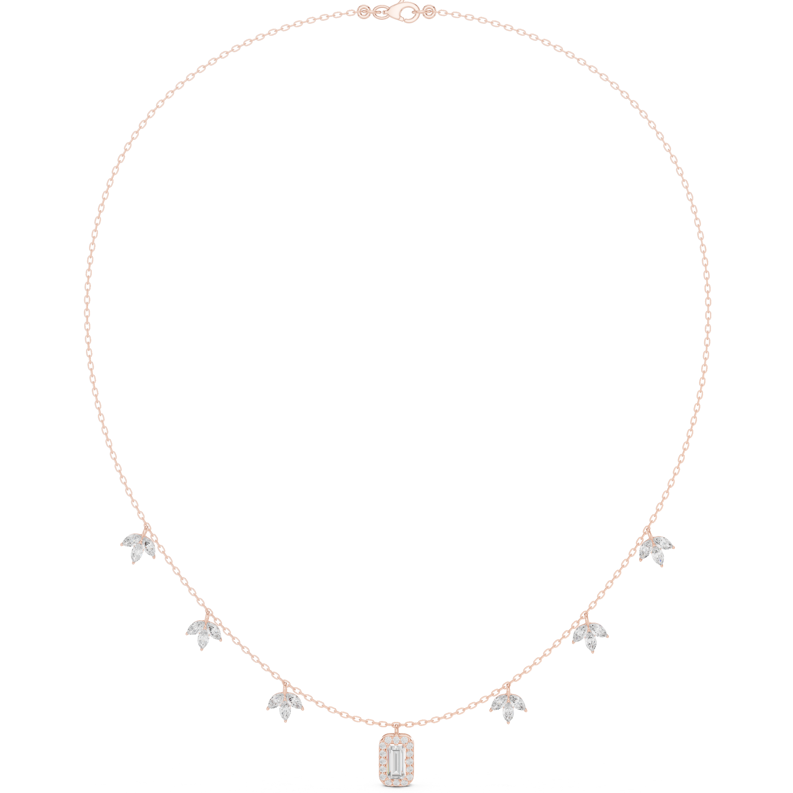 Emerald Halo & Marquise Floral Diamond Necklace – Delicate Nature-Inspired Elegance