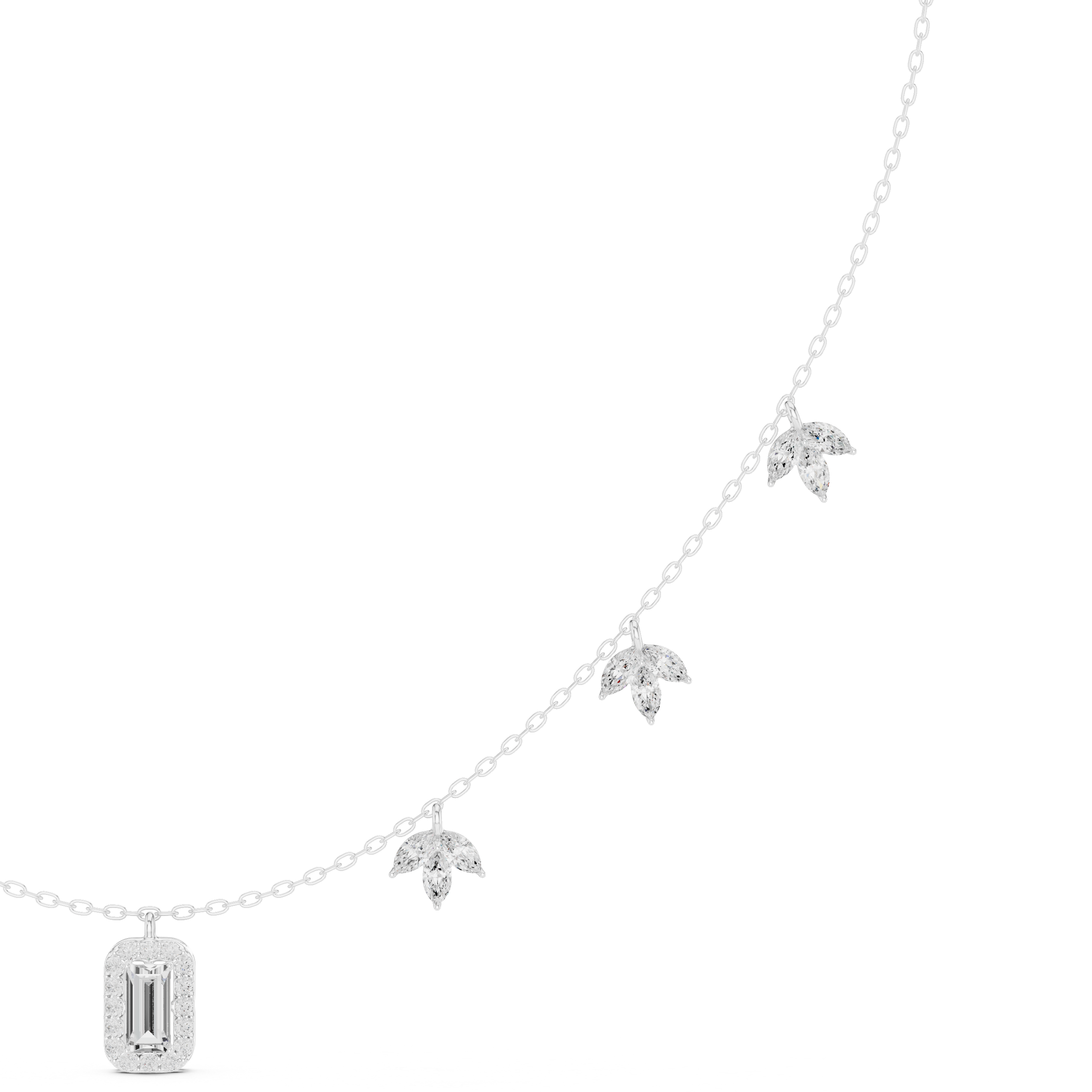 Emerald Halo & Marquise Floral Diamond Necklace – Delicate Nature-Inspired Elegance