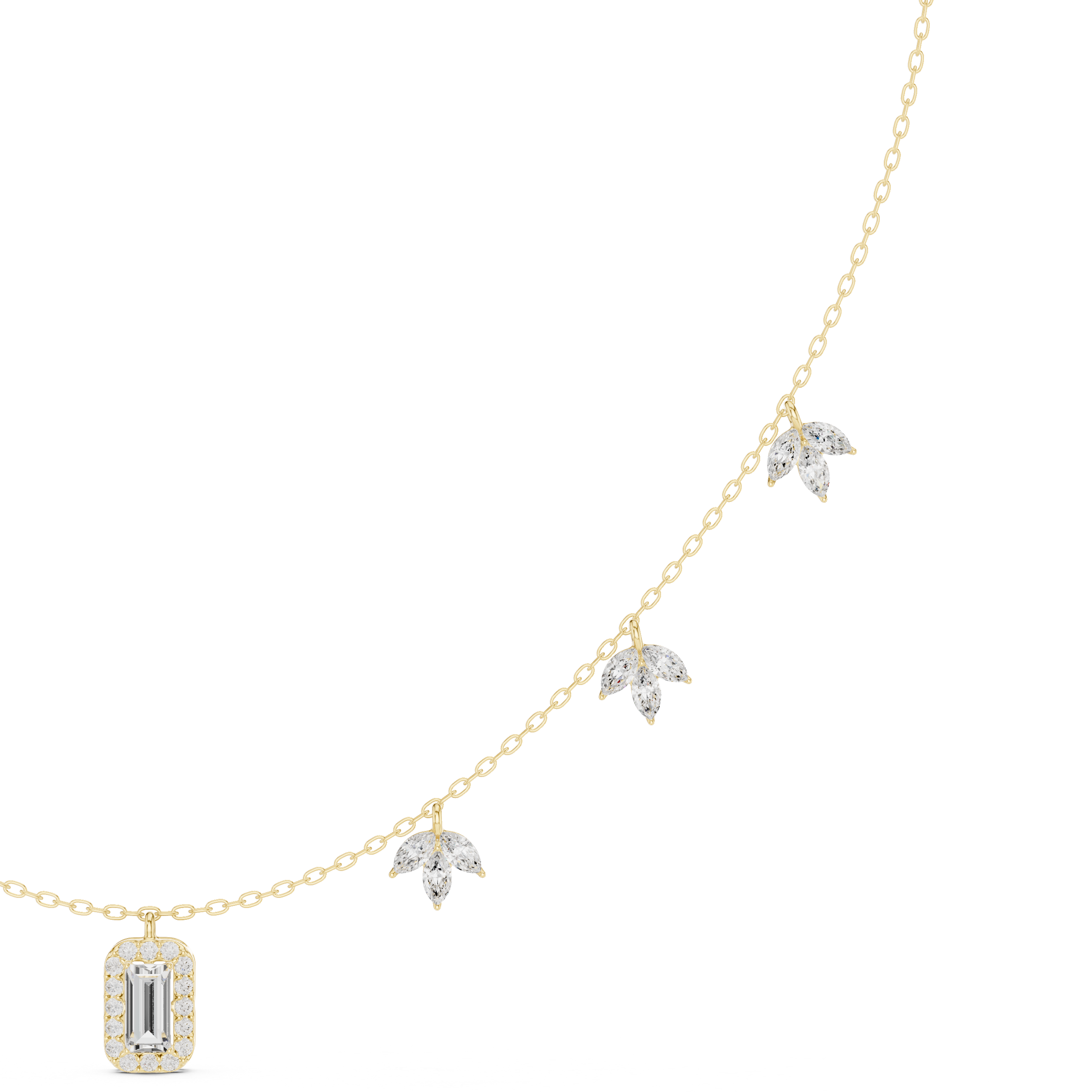 Emerald Halo & Marquise Floral Diamond Necklace – Delicate Nature-Inspired Elegance