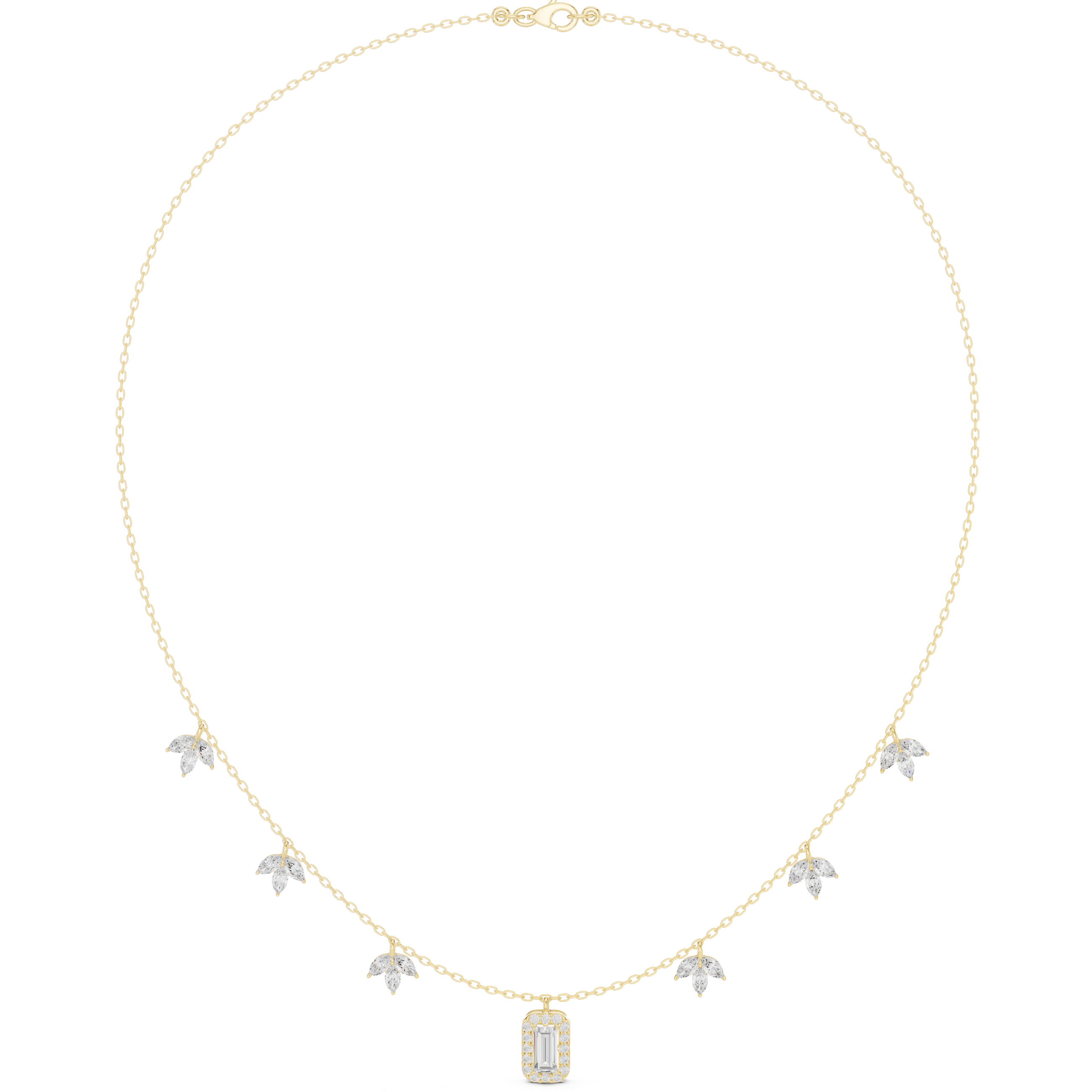 Emerald Halo & Marquise Floral Diamond Necklace – Delicate Nature-Inspired Elegance