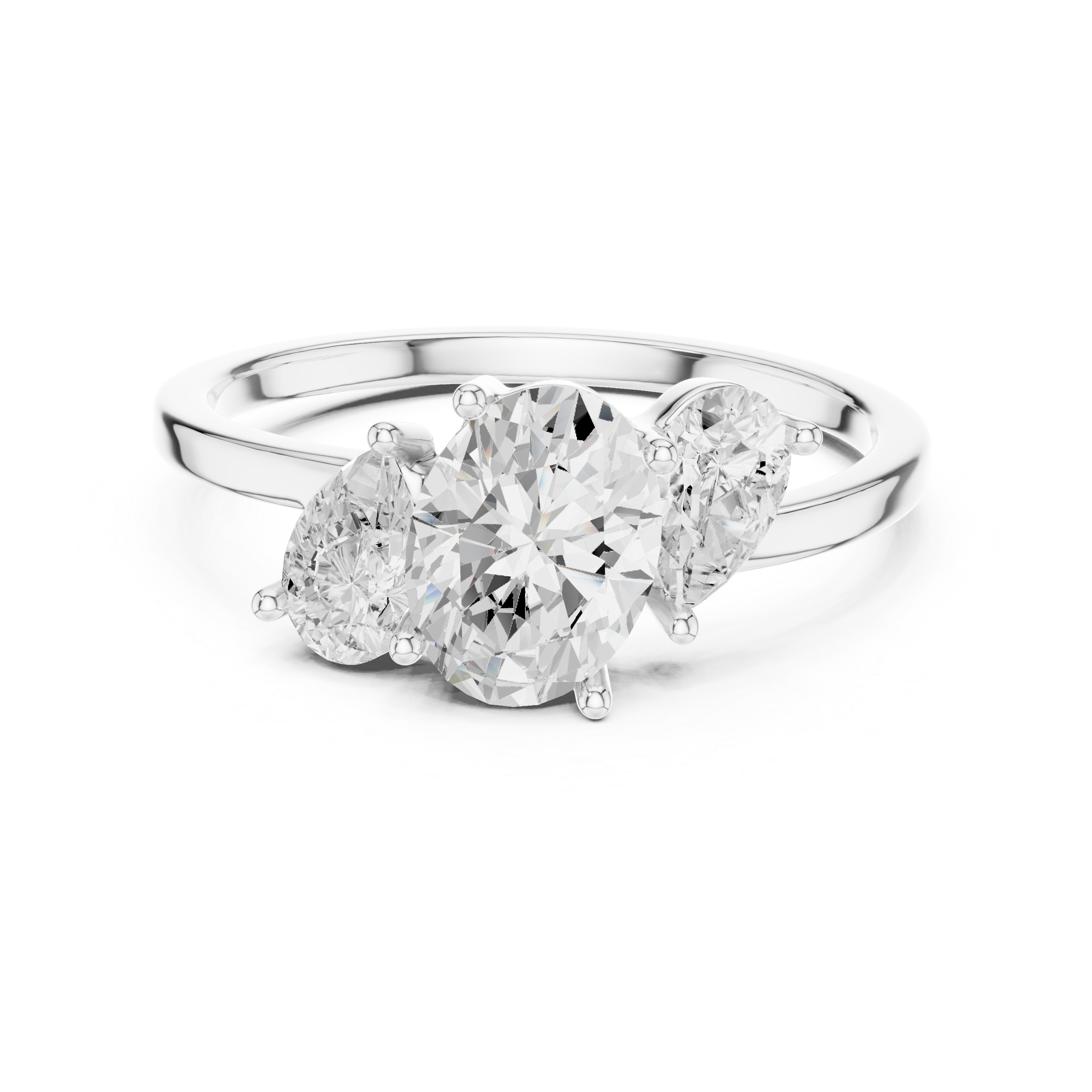 Oval Three-Stone Engagement Ring – Classic Oval Center with Pear Side Stones