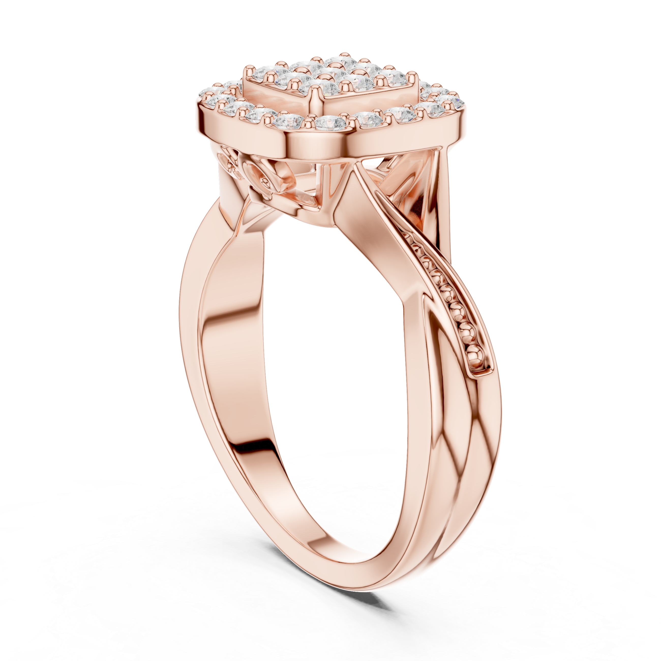 Vintage Cushion Halo Diamond Ring – Pavé Cluster Engagement Ring with Twisted Shoulders