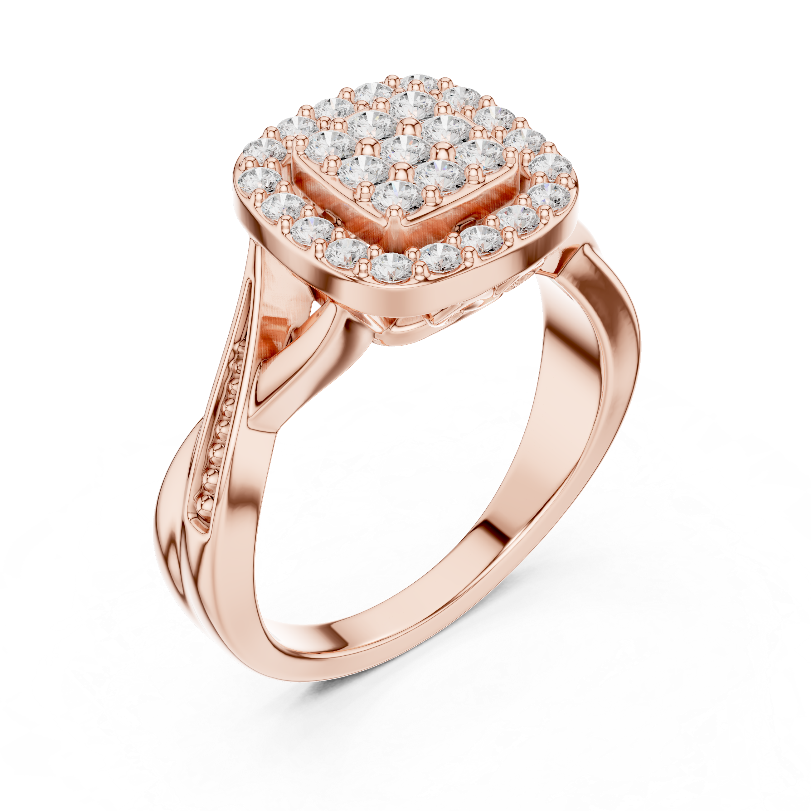 Vintage Cushion Halo Diamond Ring – Pavé Cluster Engagement Ring with Twisted Shoulders