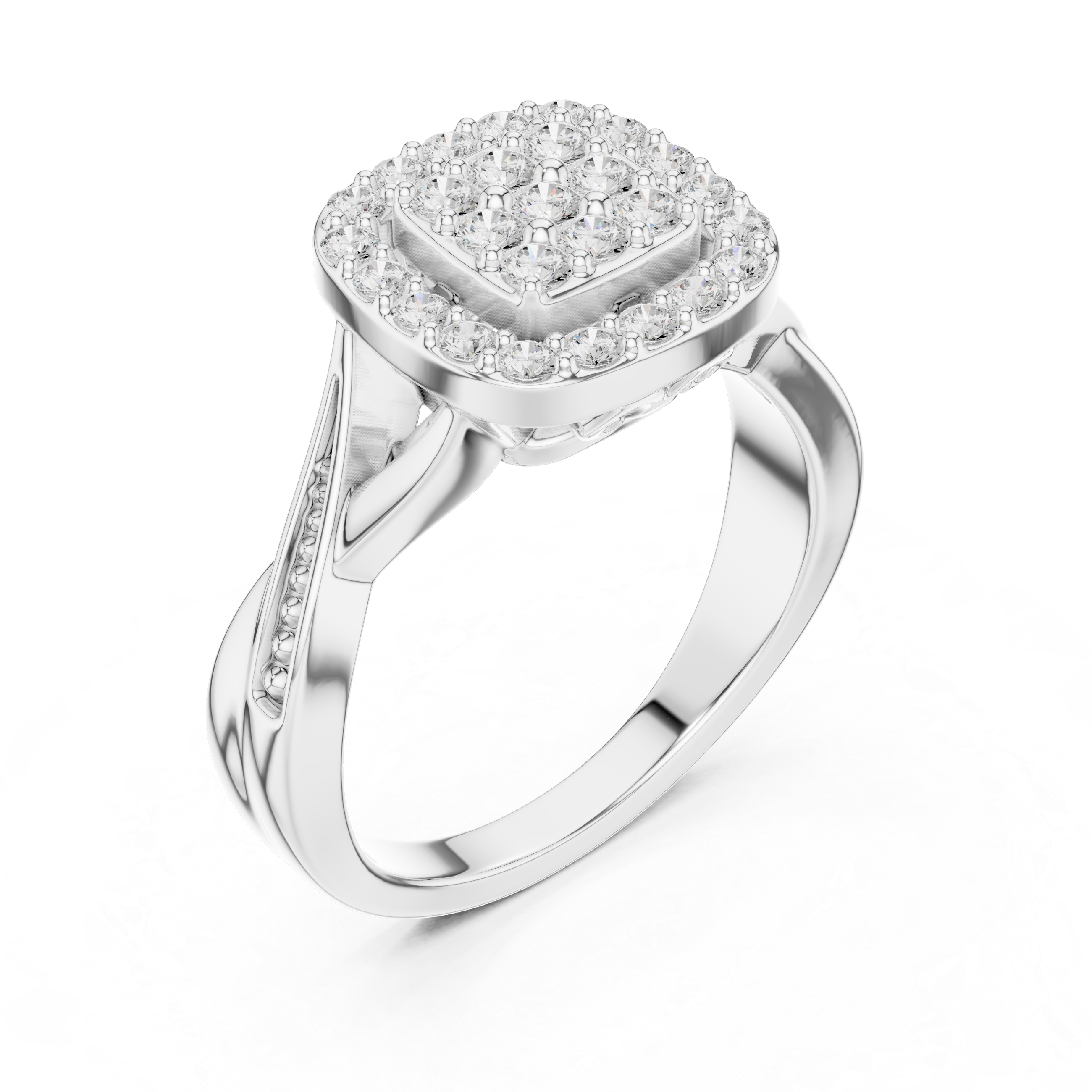 Vintage Cushion Halo Diamond Ring – Pavé Cluster Engagement Ring with Twisted Shoulders