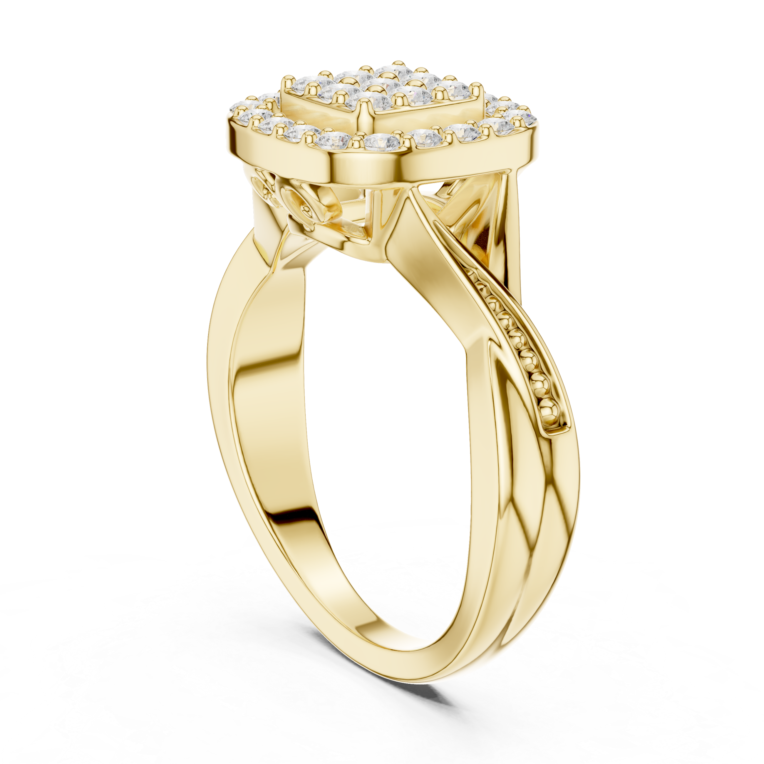 Vintage Cushion Halo Diamond Ring – Pavé Cluster Engagement Ring with Twisted Shoulders