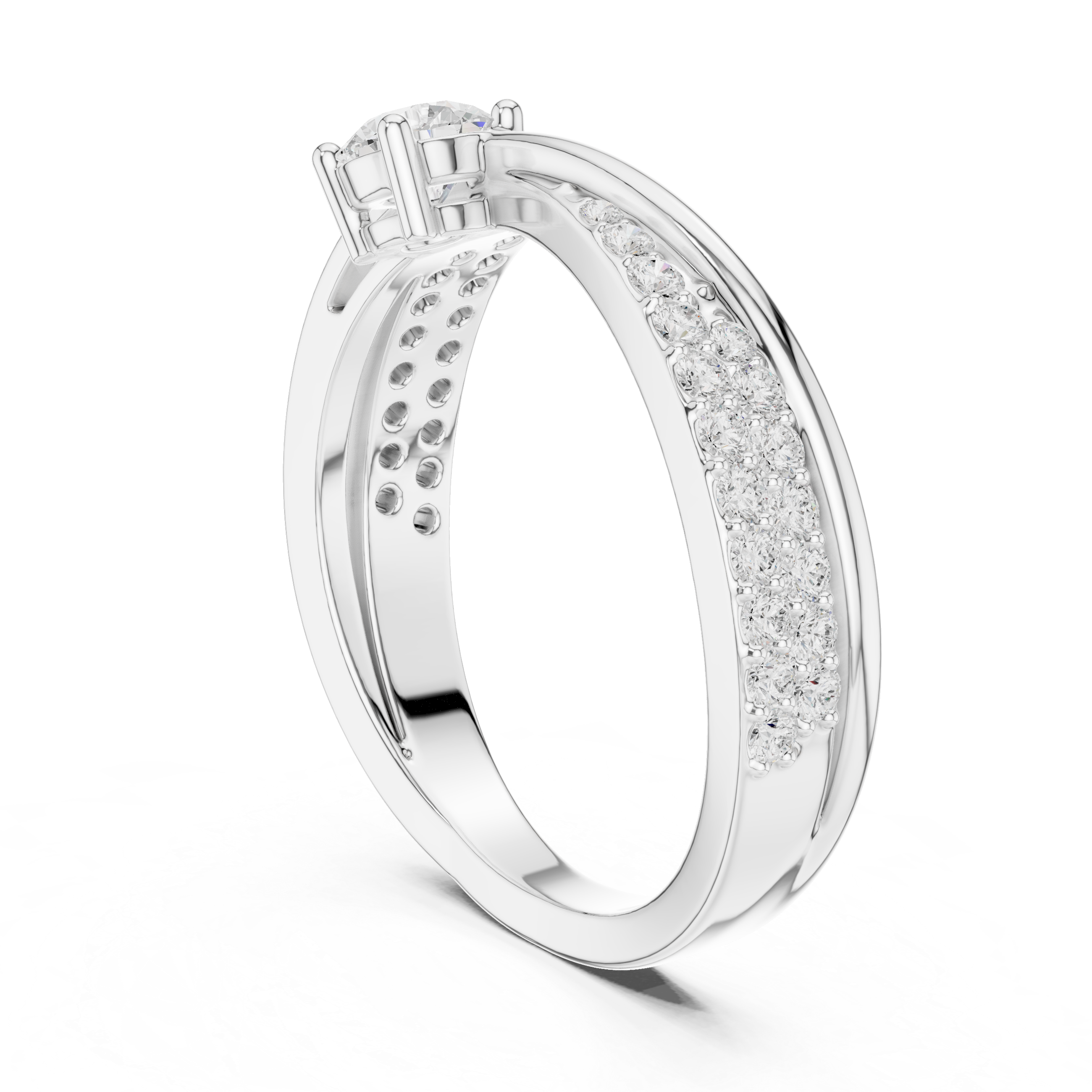 Twisted Pavé Diamond Engagement Ring – Cross Over Solitaire Ring with Split Shank Design