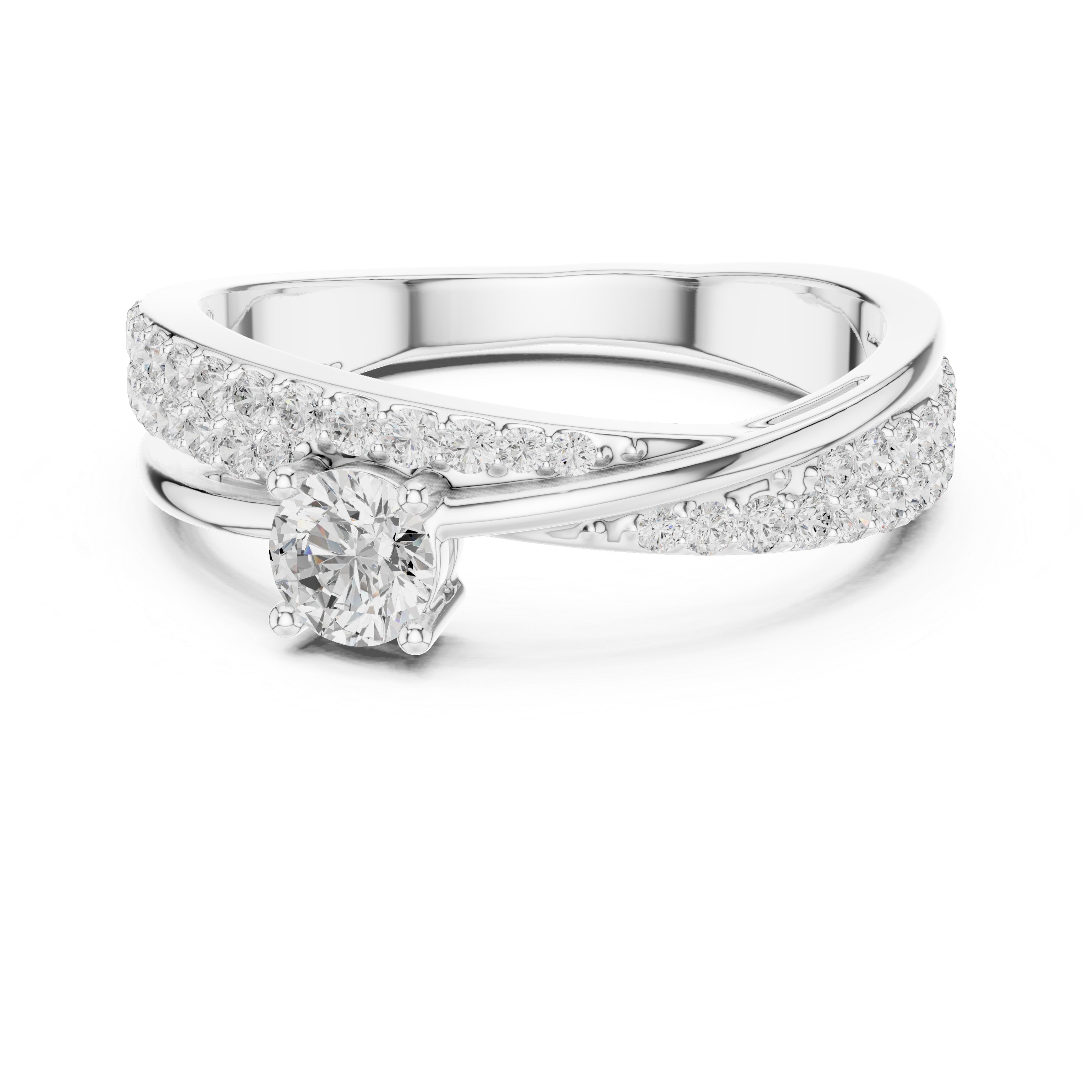 Twisted Pavé Diamond Engagement Ring – Cross Over Solitaire Ring with Split Shank Design