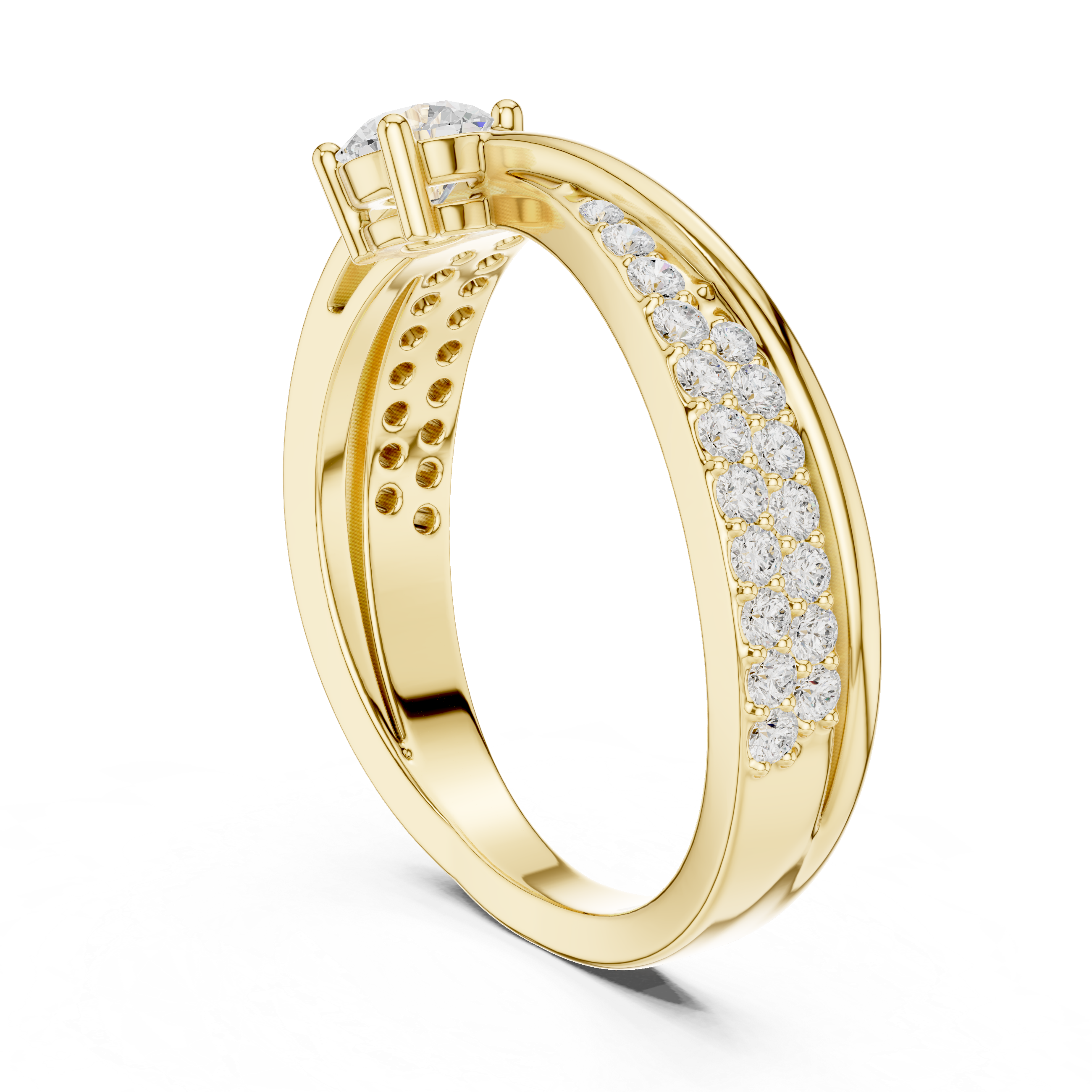 Twisted Pavé Diamond Engagement Ring – Cross Over Solitaire Ring with Split Shank Design
