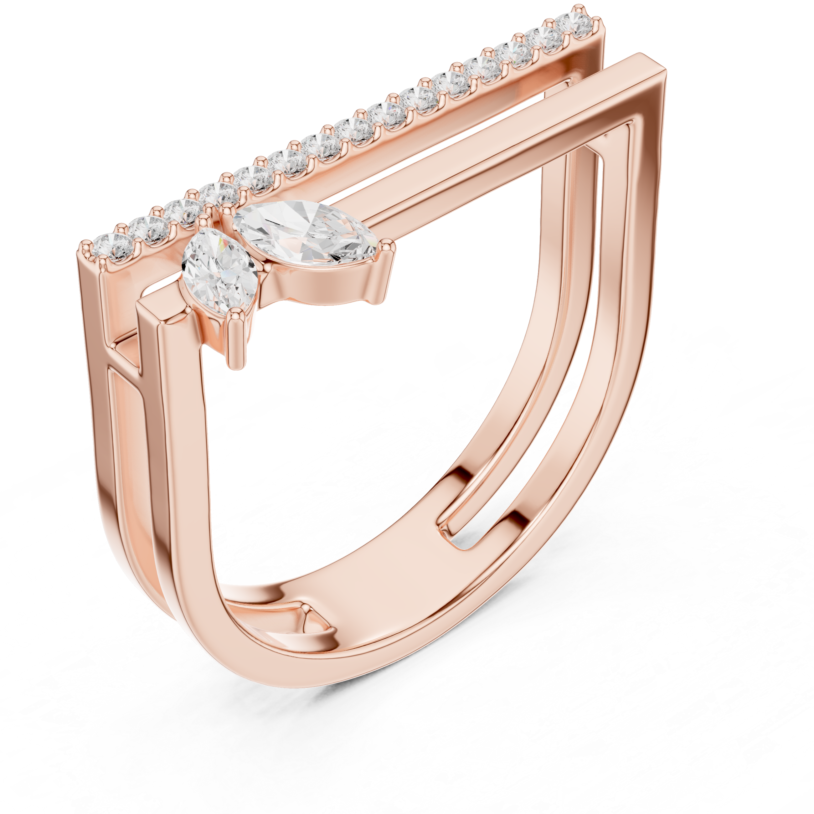 Double Bar Open Ring with Marquise Diamond Accent and Pavé Bar Band