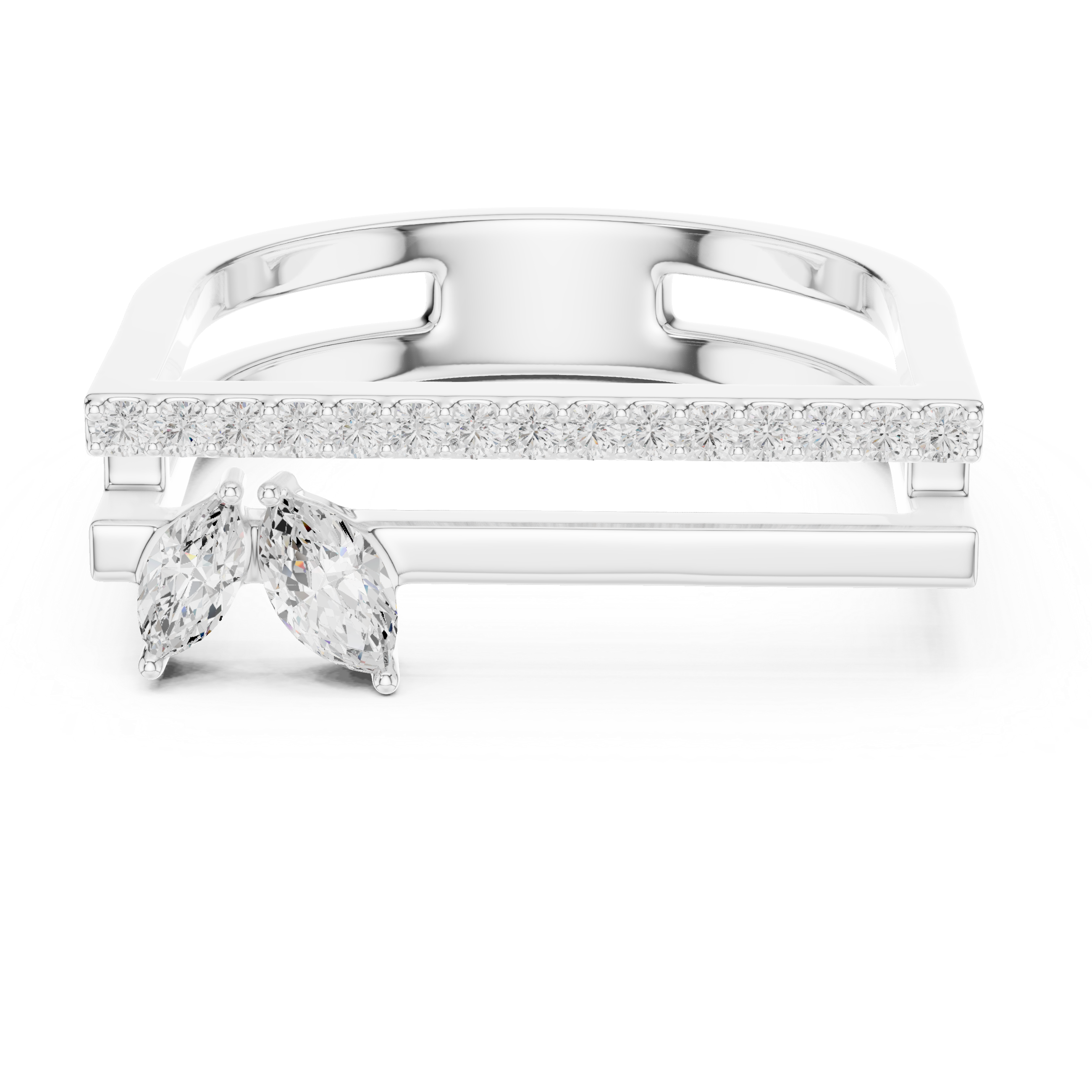 Double Bar Open Ring with Marquise Diamond Accent and Pavé Bar Band