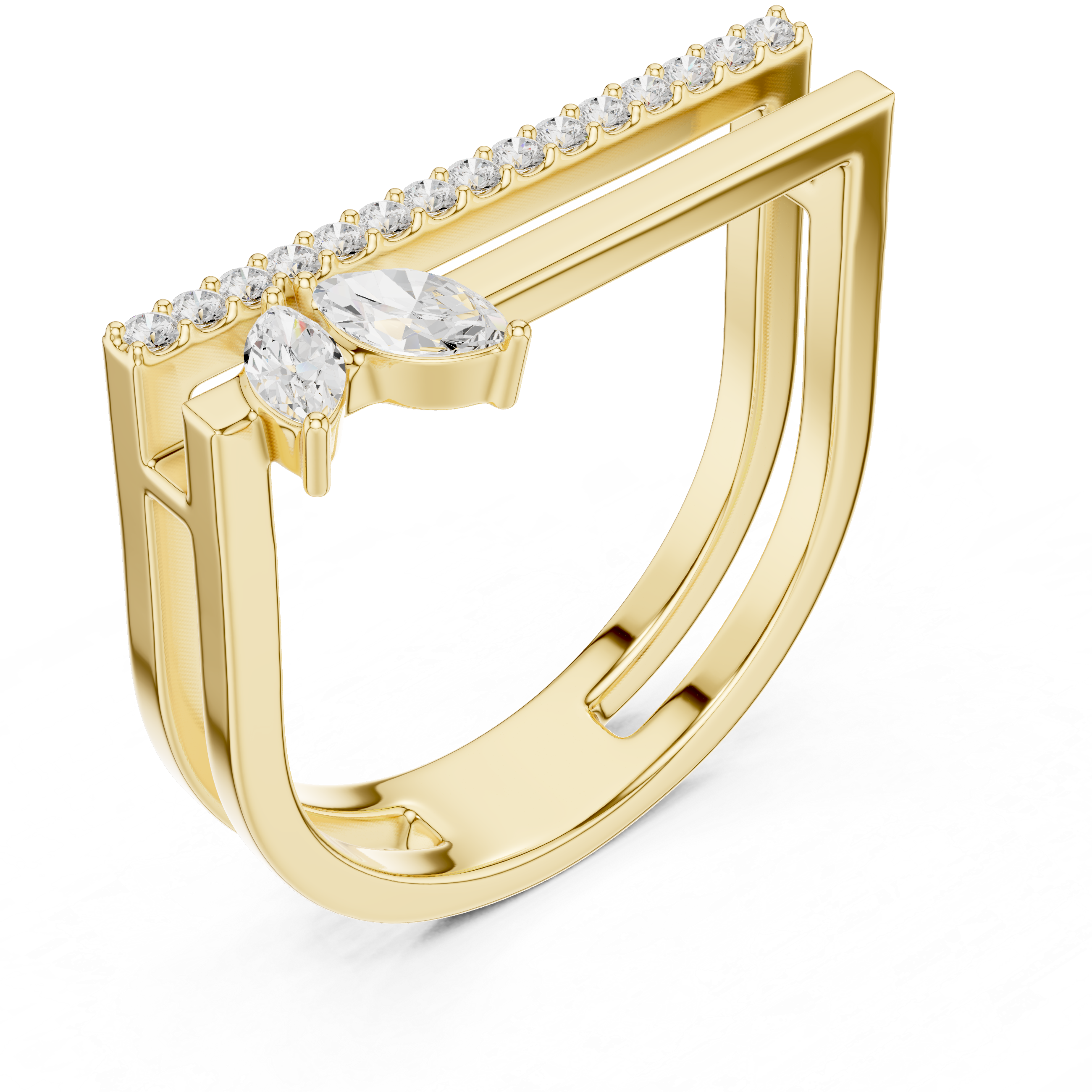 Double Bar Open Ring with Marquise Diamond Accent and Pavé Bar Band