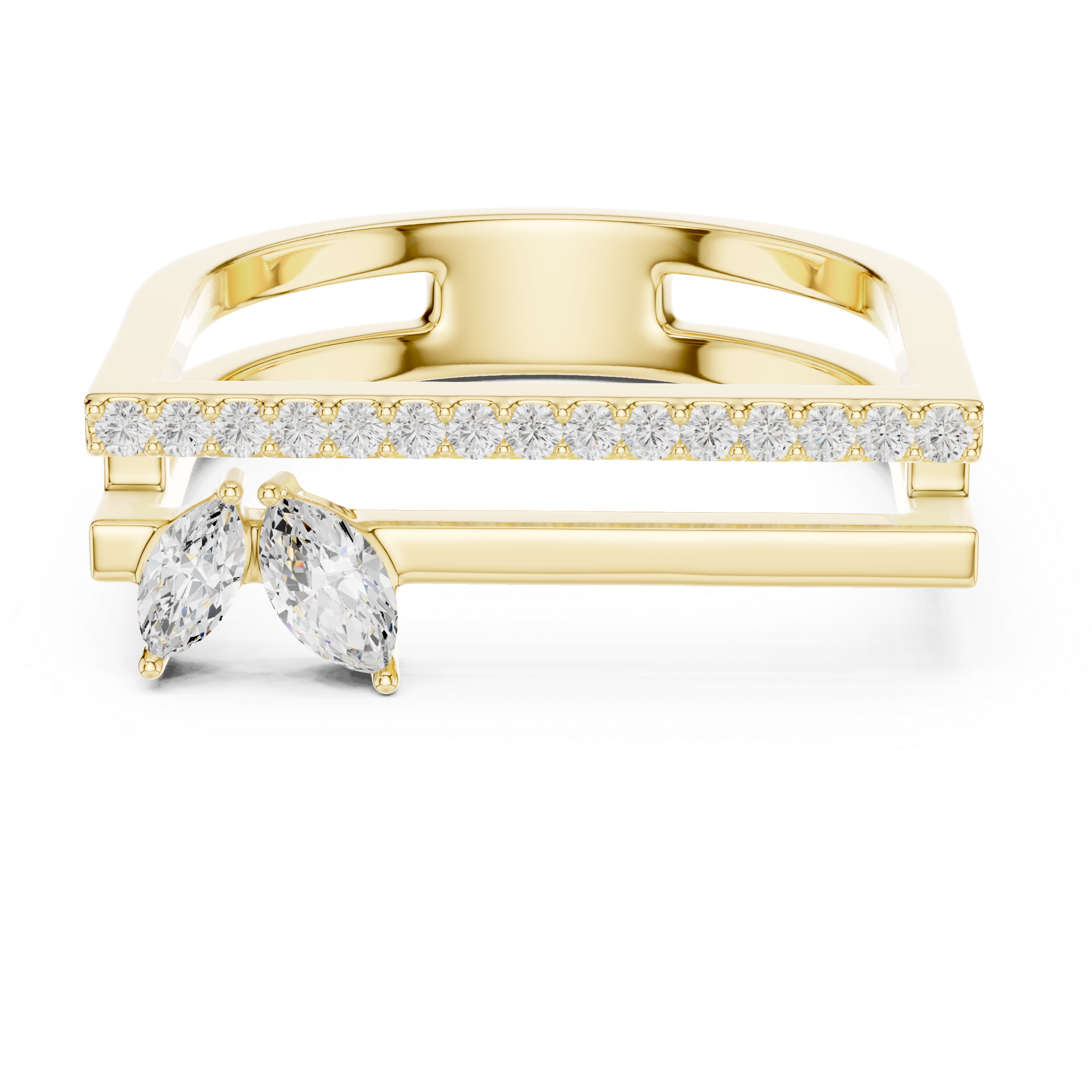 Double Bar Open Ring with Marquise Diamond Accent and Pavé Bar Band