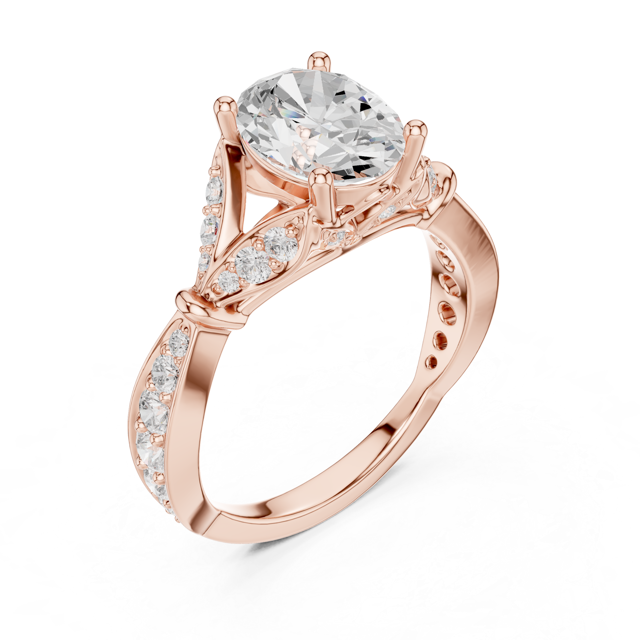Vintage Inspired Oval Cut Engagement Ring – Cathedral Pavé Diamond Solitaire Ring