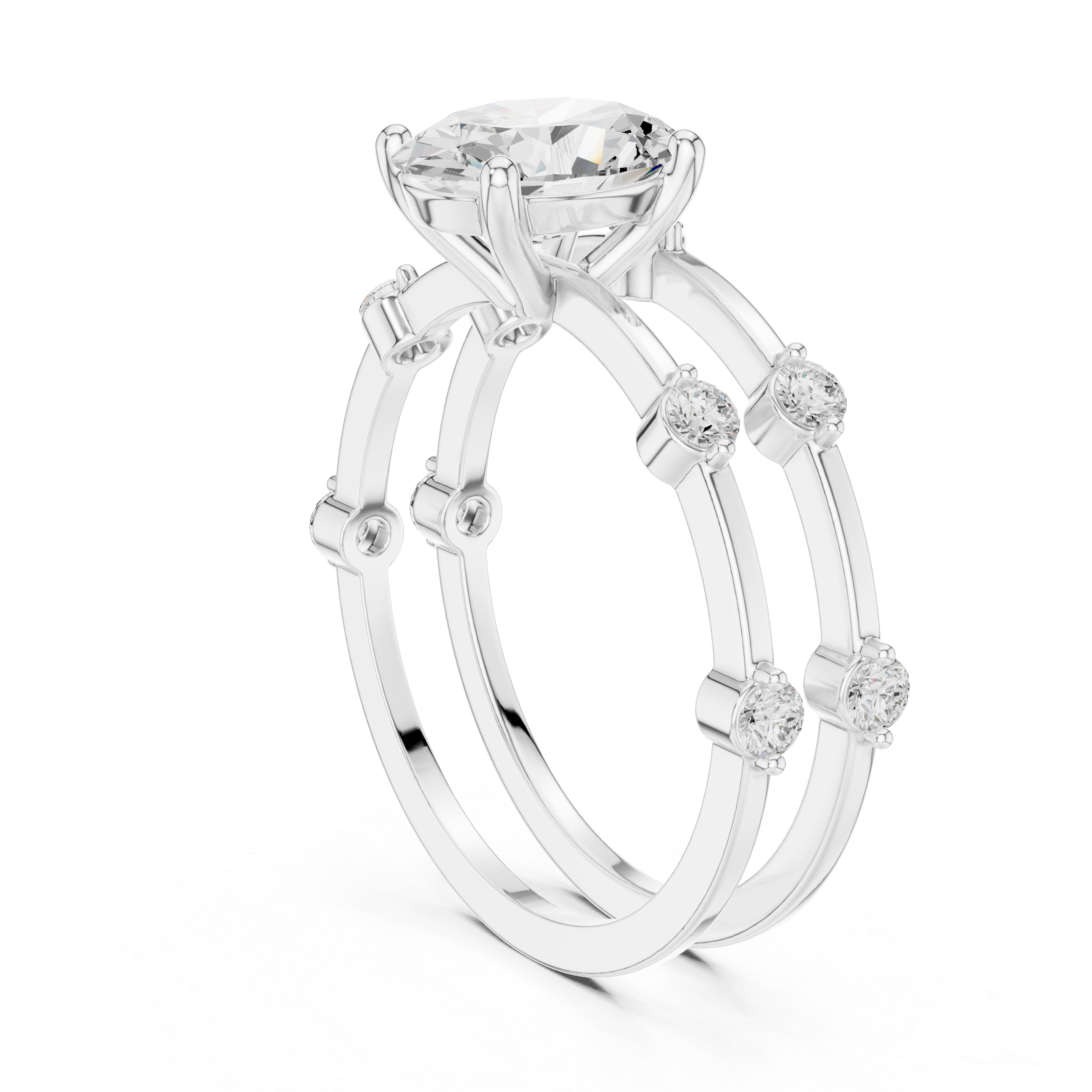 Oval Cut Engagement Ring Set with Matching Diamond Bands – Three Piece Bridal Ring Set
