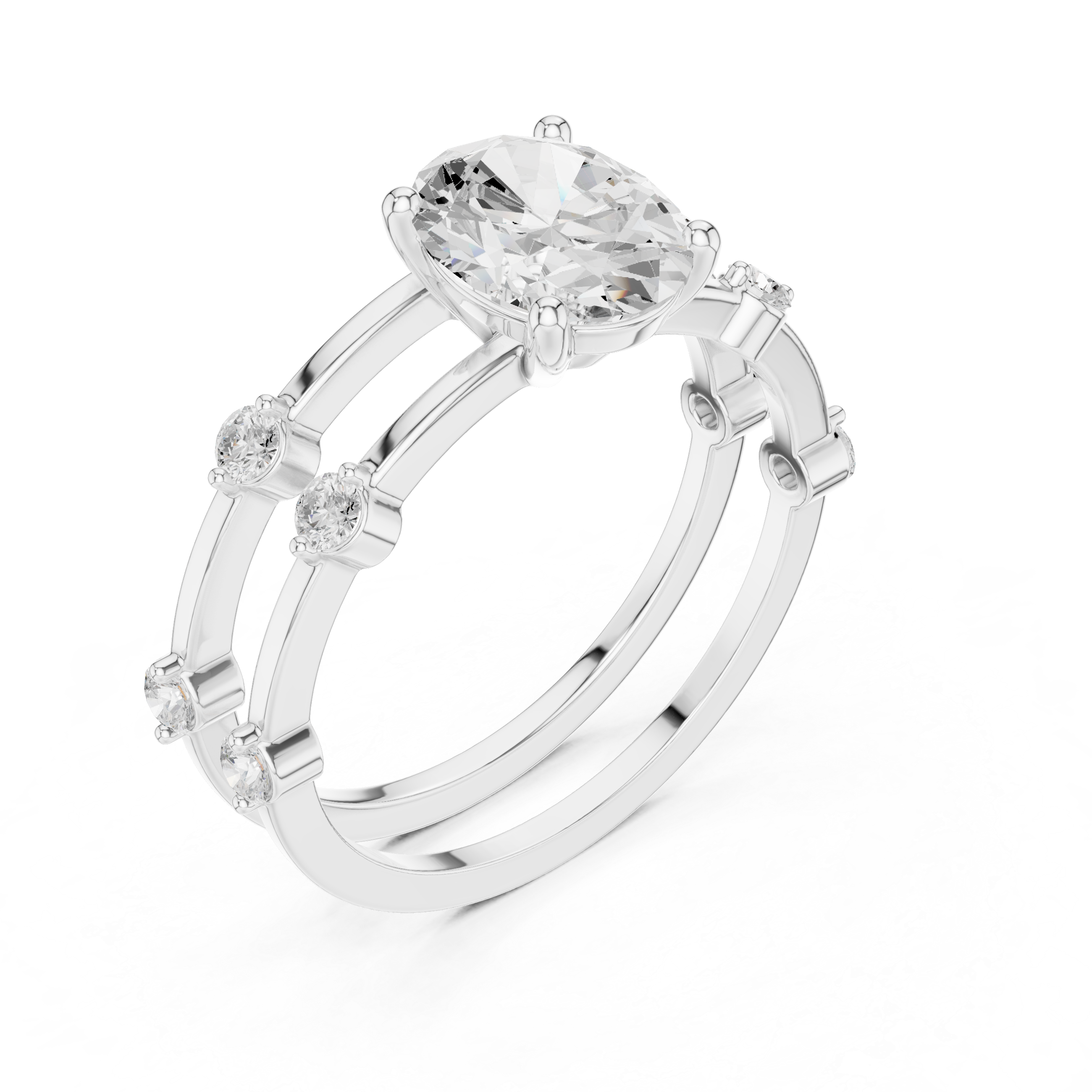 Oval Cut Engagement Ring Set with Matching Diamond Bands – Three Piece Bridal Ring Set