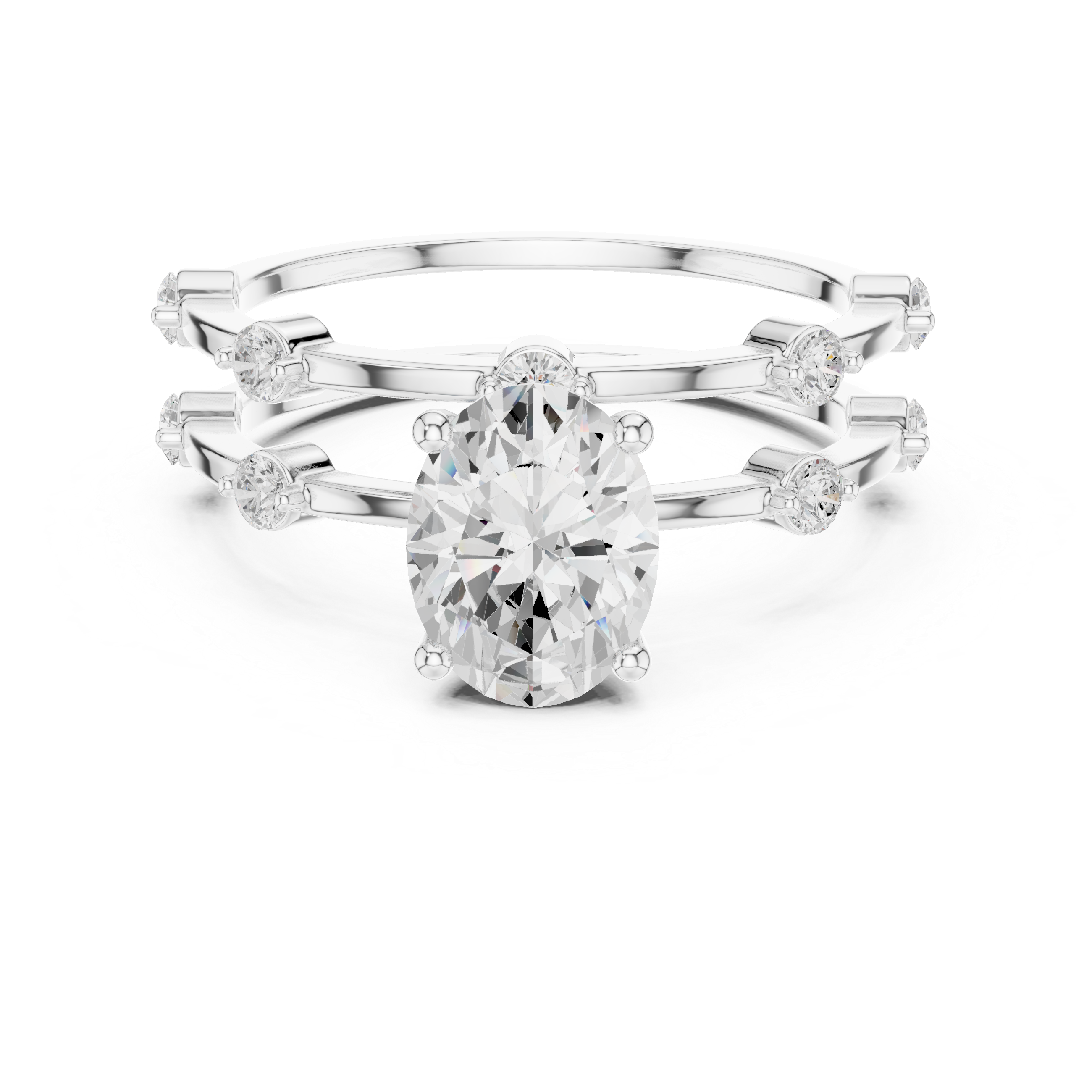Oval Cut Engagement Ring Set with Matching Diamond Bands – Three Piece Bridal Ring Set