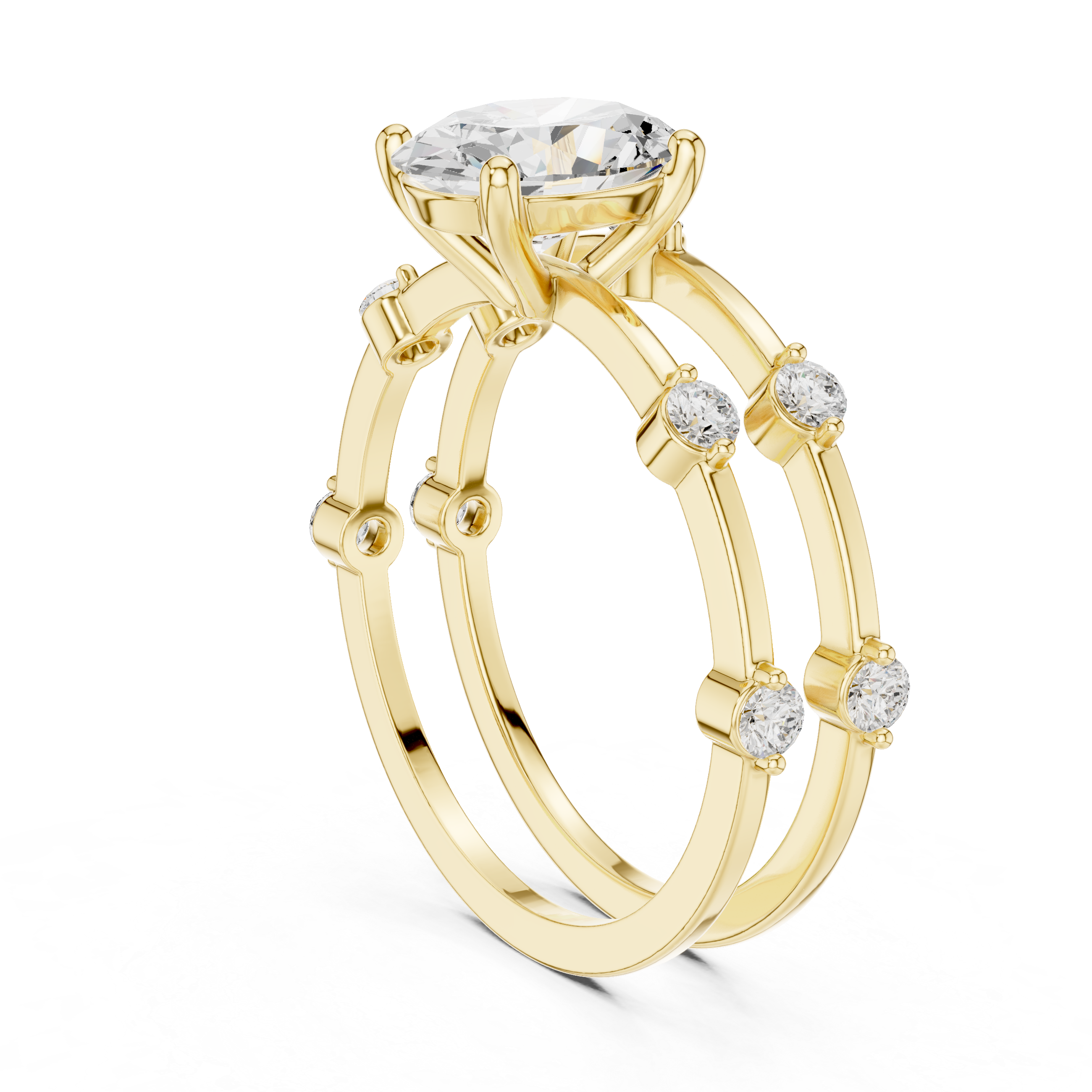 Oval Cut Engagement Ring Set with Matching Diamond Bands – Three Piece Bridal Ring Set
