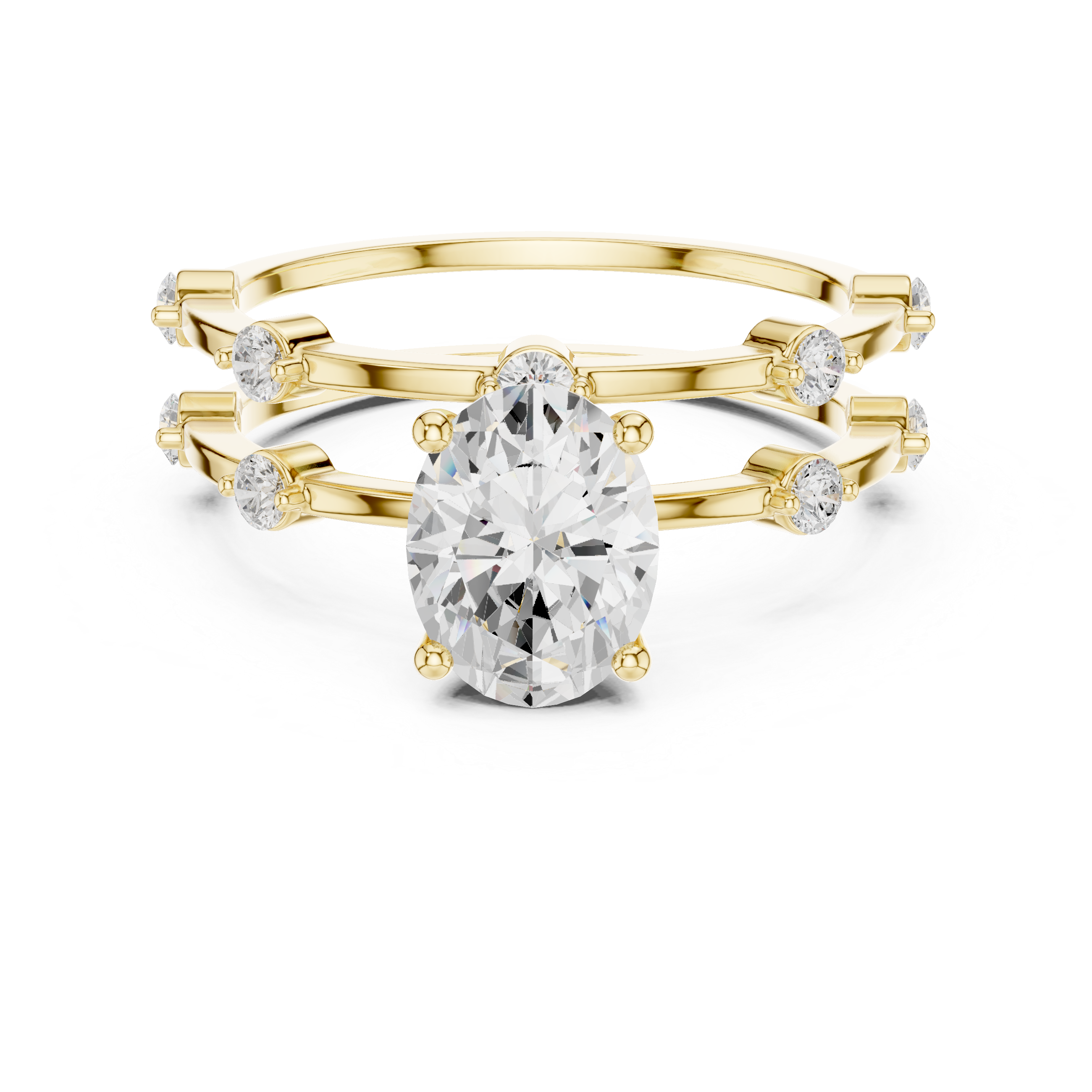 Oval Cut Engagement Ring Set with Matching Diamond Bands – Three Piece Bridal Ring Set