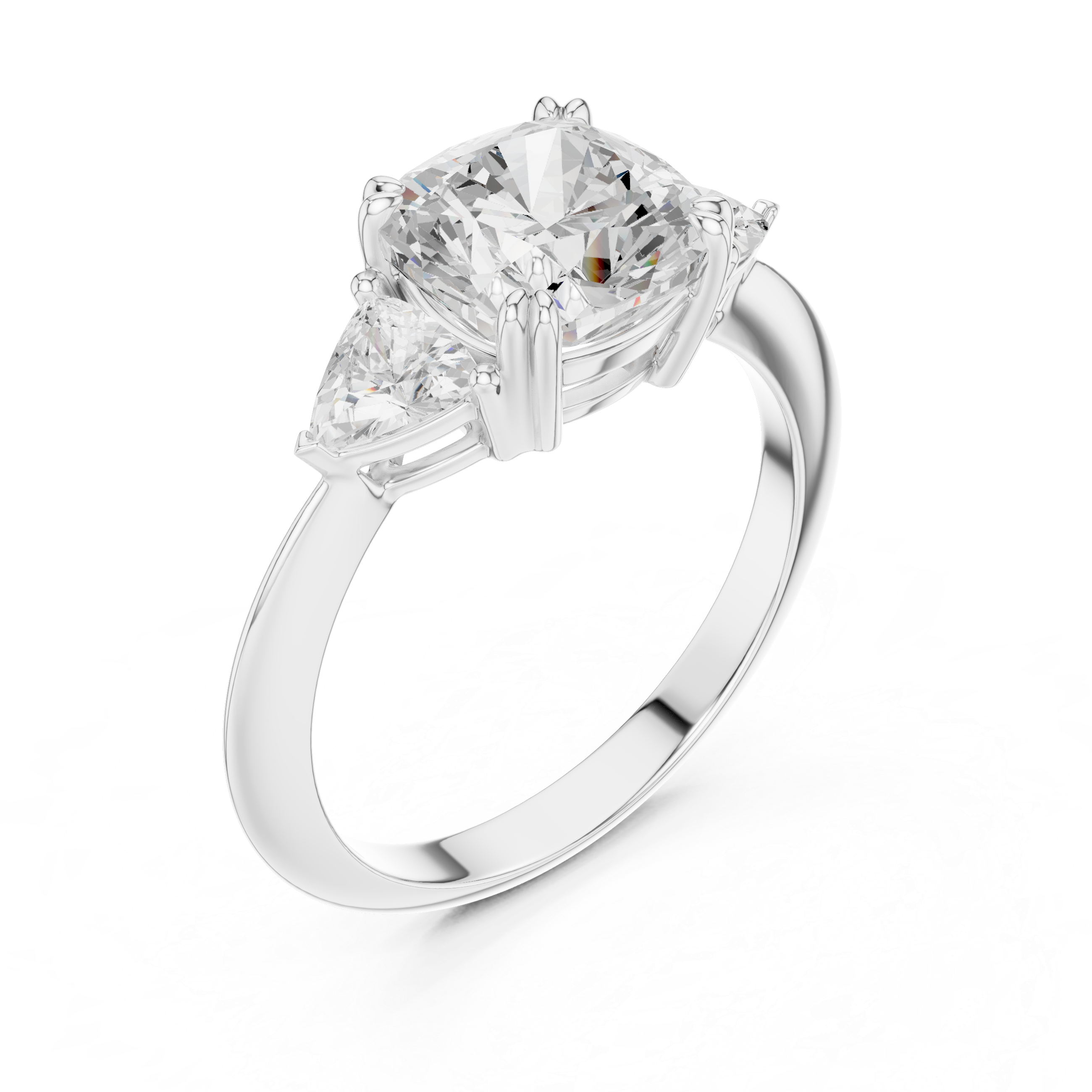 Cushion Cut Three Stone Engagement Ring – Cushion Center with Trillion Side Stones