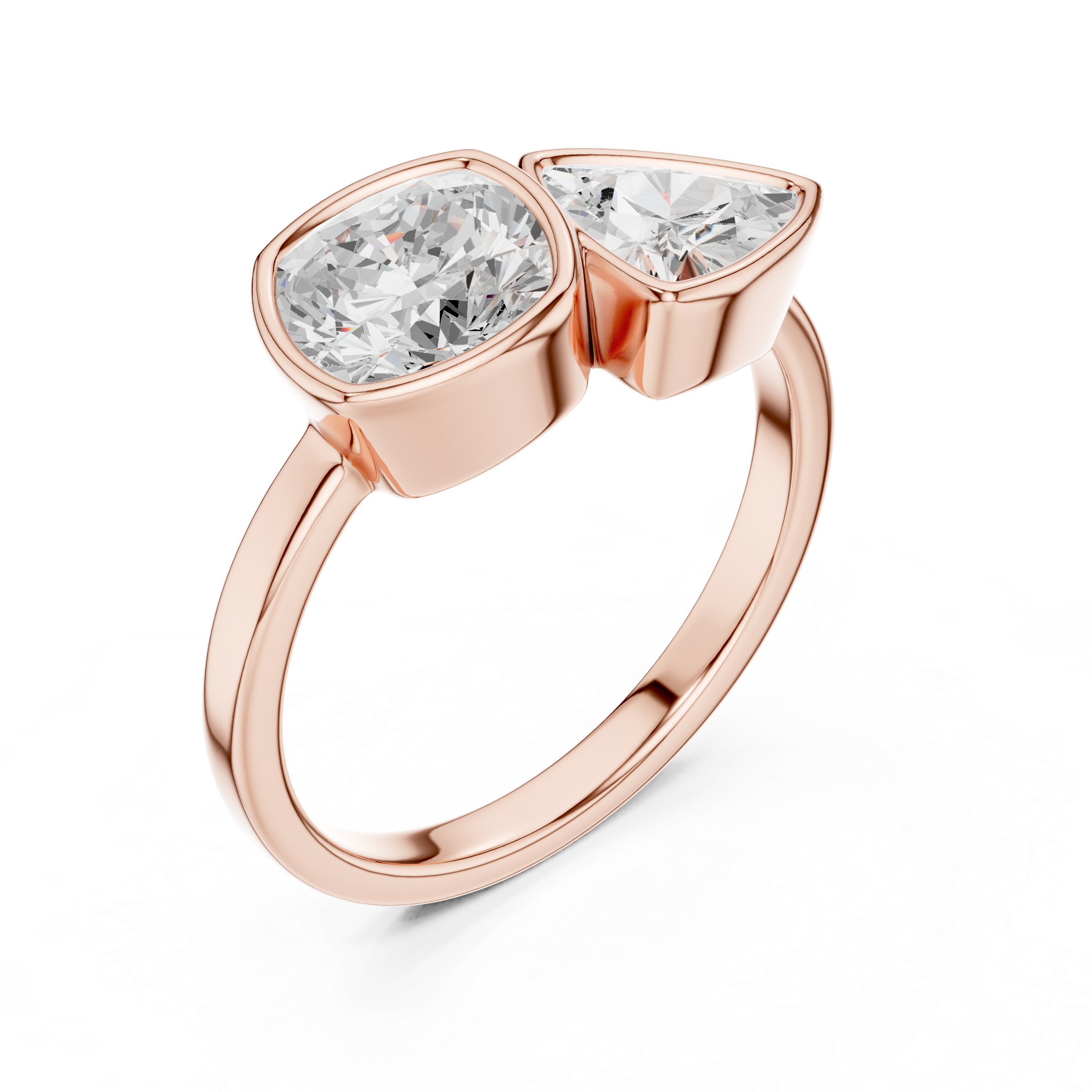 Modern Two Stone Bezel Set Diamond Ring – Cushion & Trillion Cut Open Design Ring