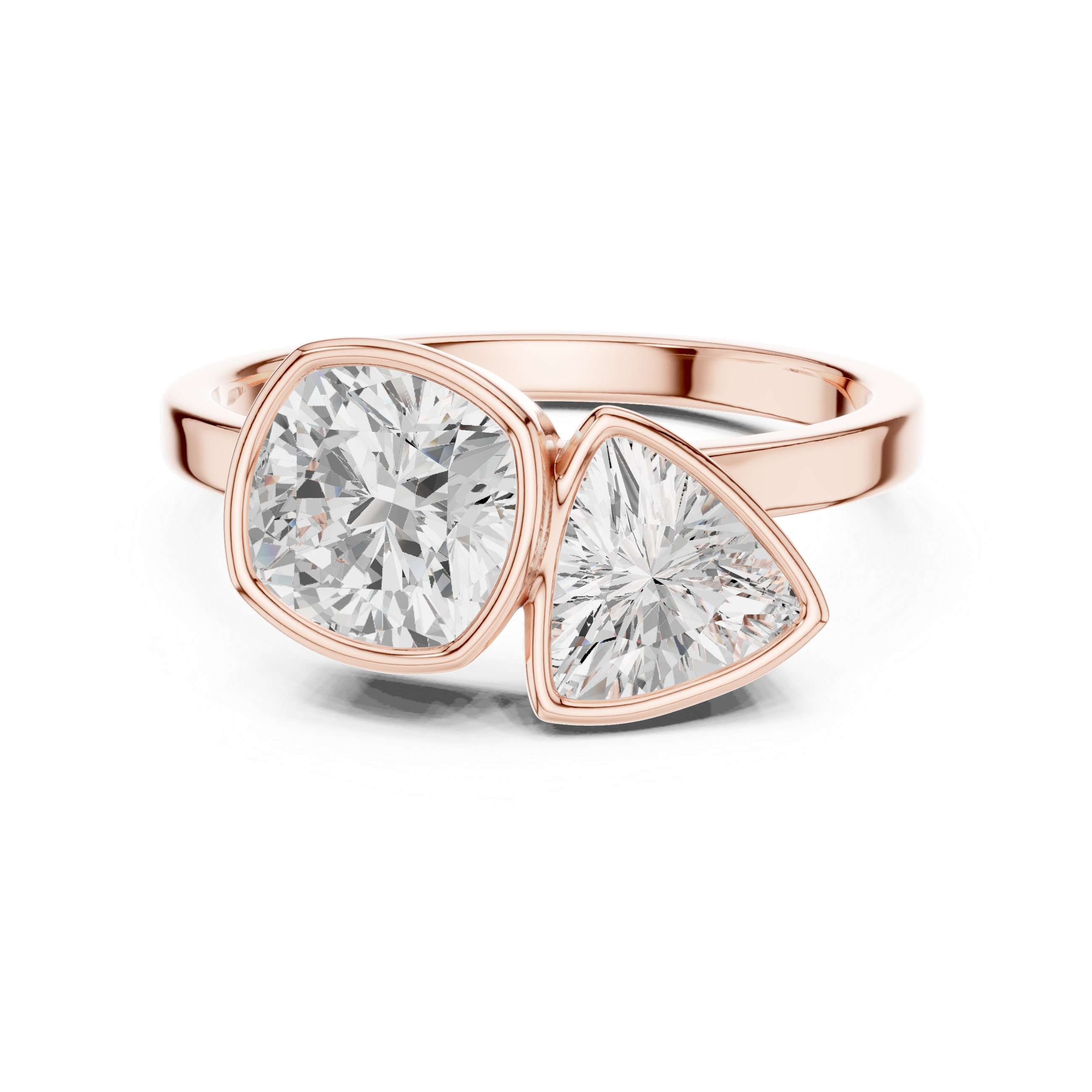 Modern Two Stone Bezel Set Diamond Ring – Cushion & Trillion Cut Open Design Ring