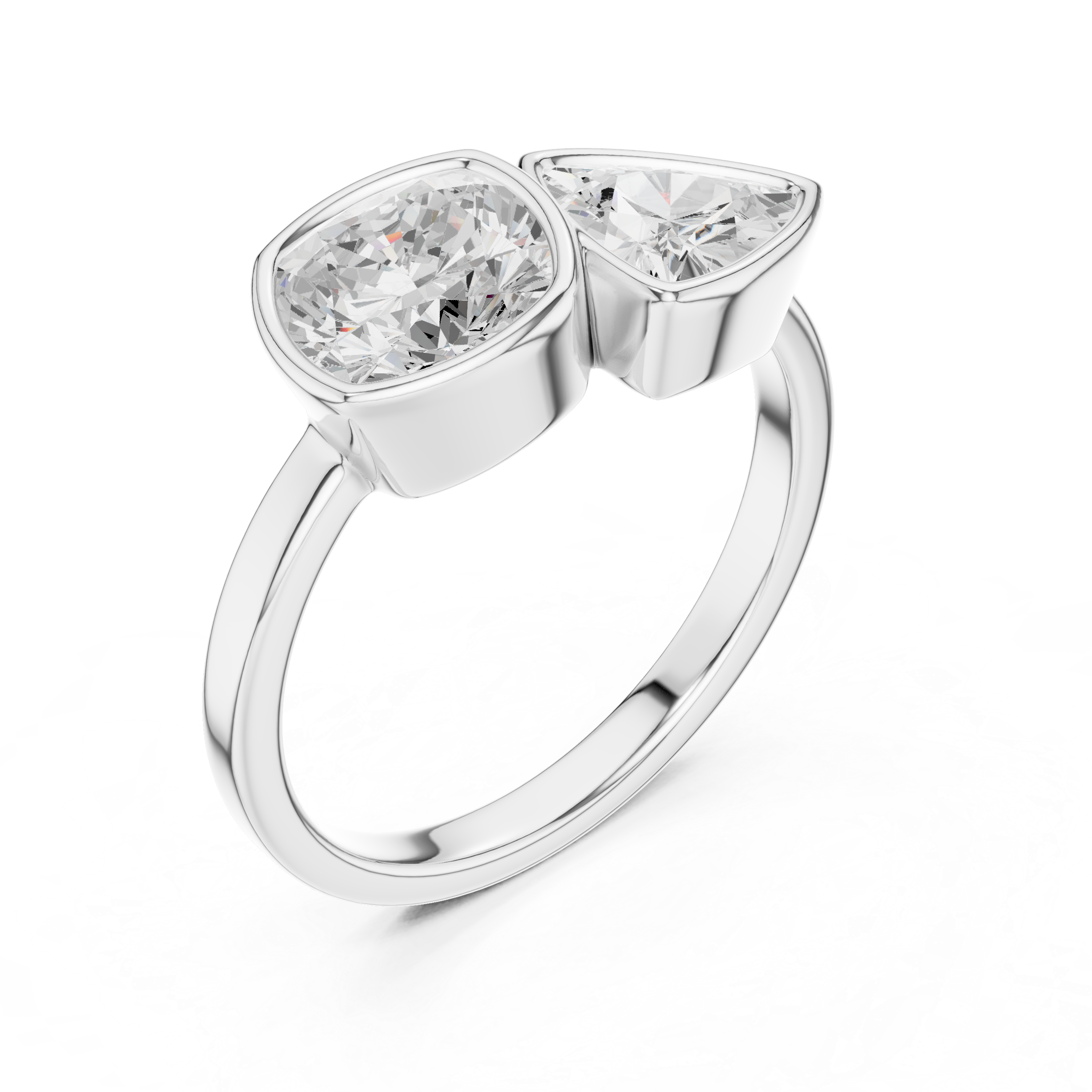 Modern Two Stone Bezel Set Diamond Ring – Cushion & Trillion Cut Open Design Ring
