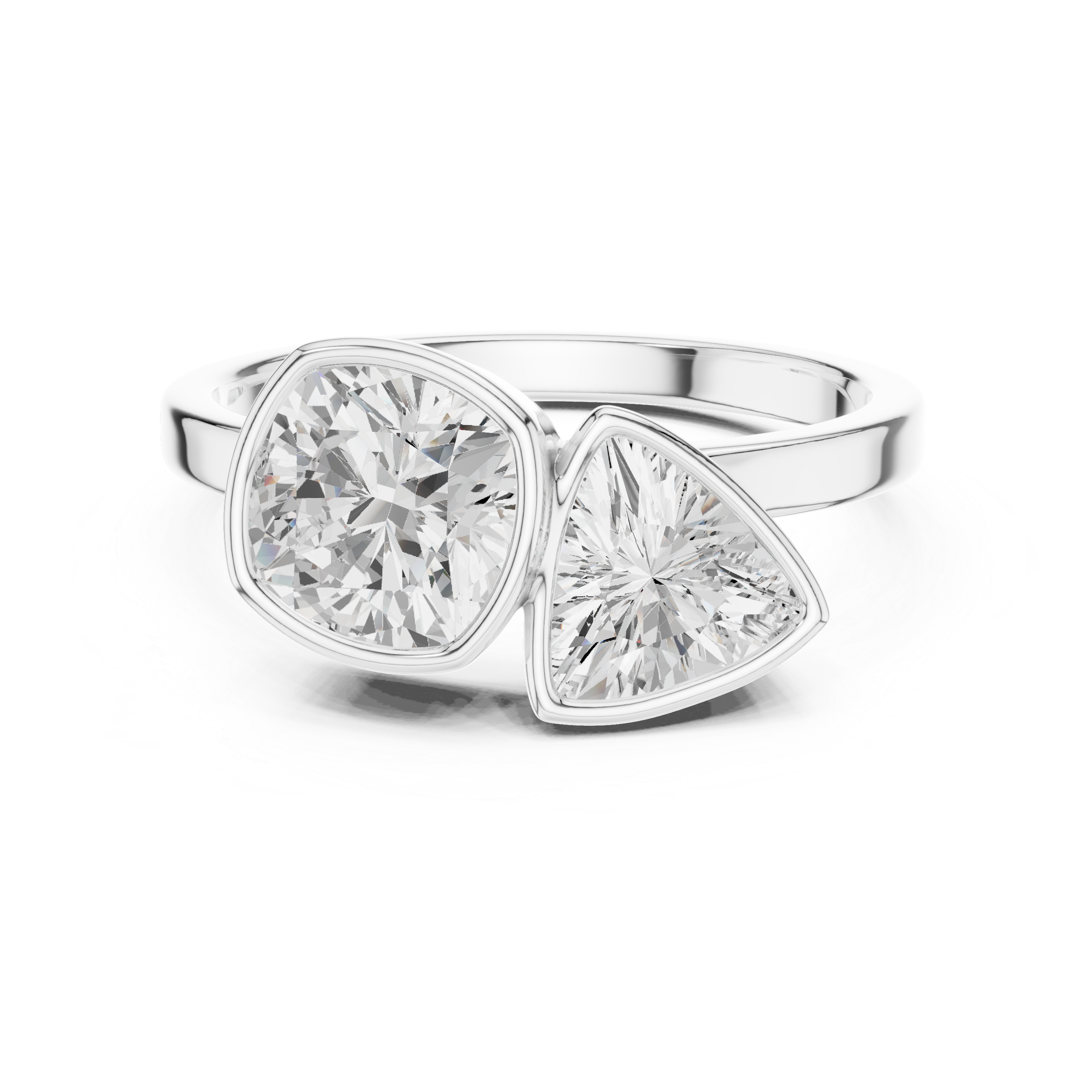 Modern Two Stone Bezel Set Diamond Ring – Cushion & Trillion Cut Open Design Ring
