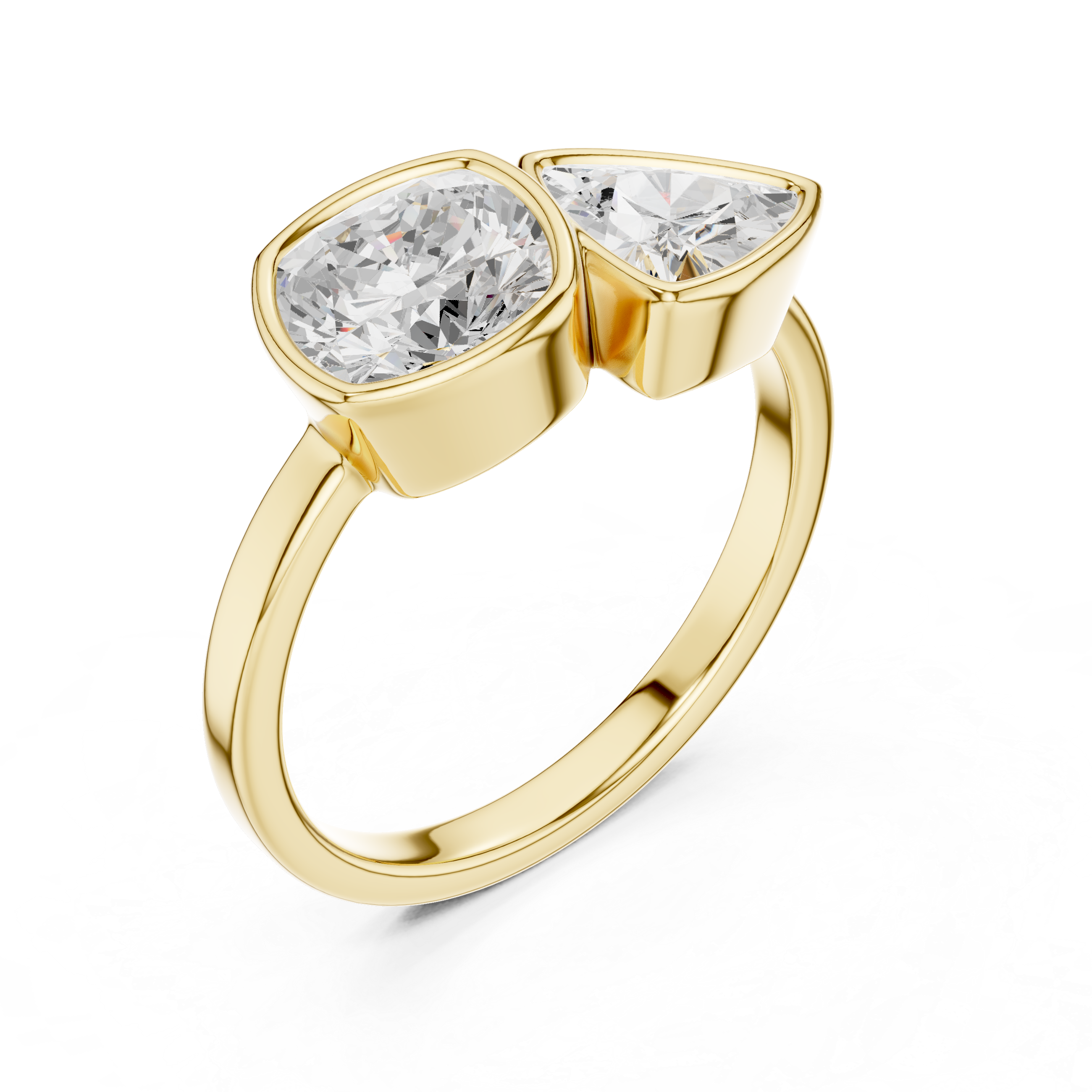Modern Two Stone Bezel Set Diamond Ring – Cushion & Trillion Cut Open Design Ring