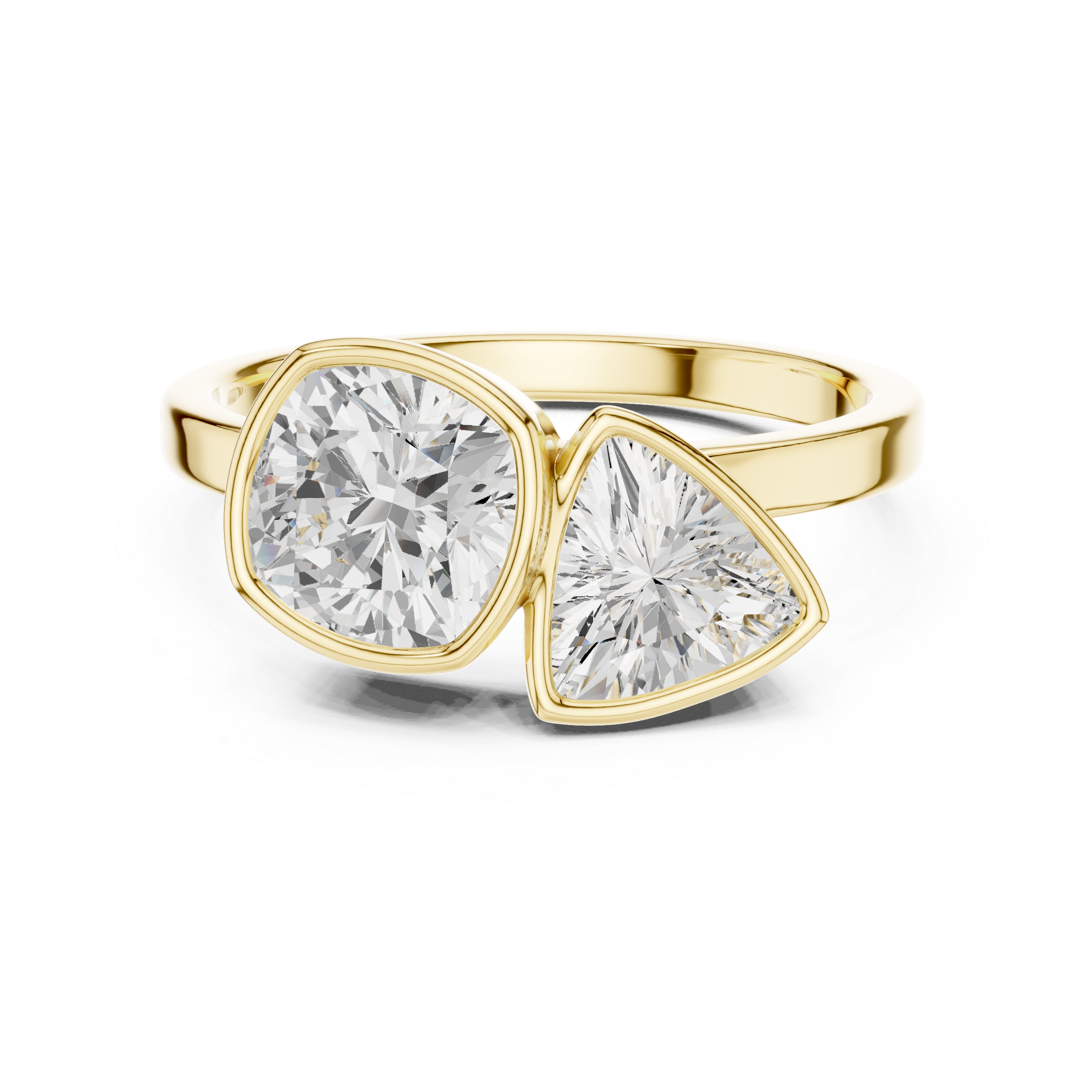 Modern Two Stone Bezel Set Diamond Ring – Cushion & Trillion Cut Open Design Ring