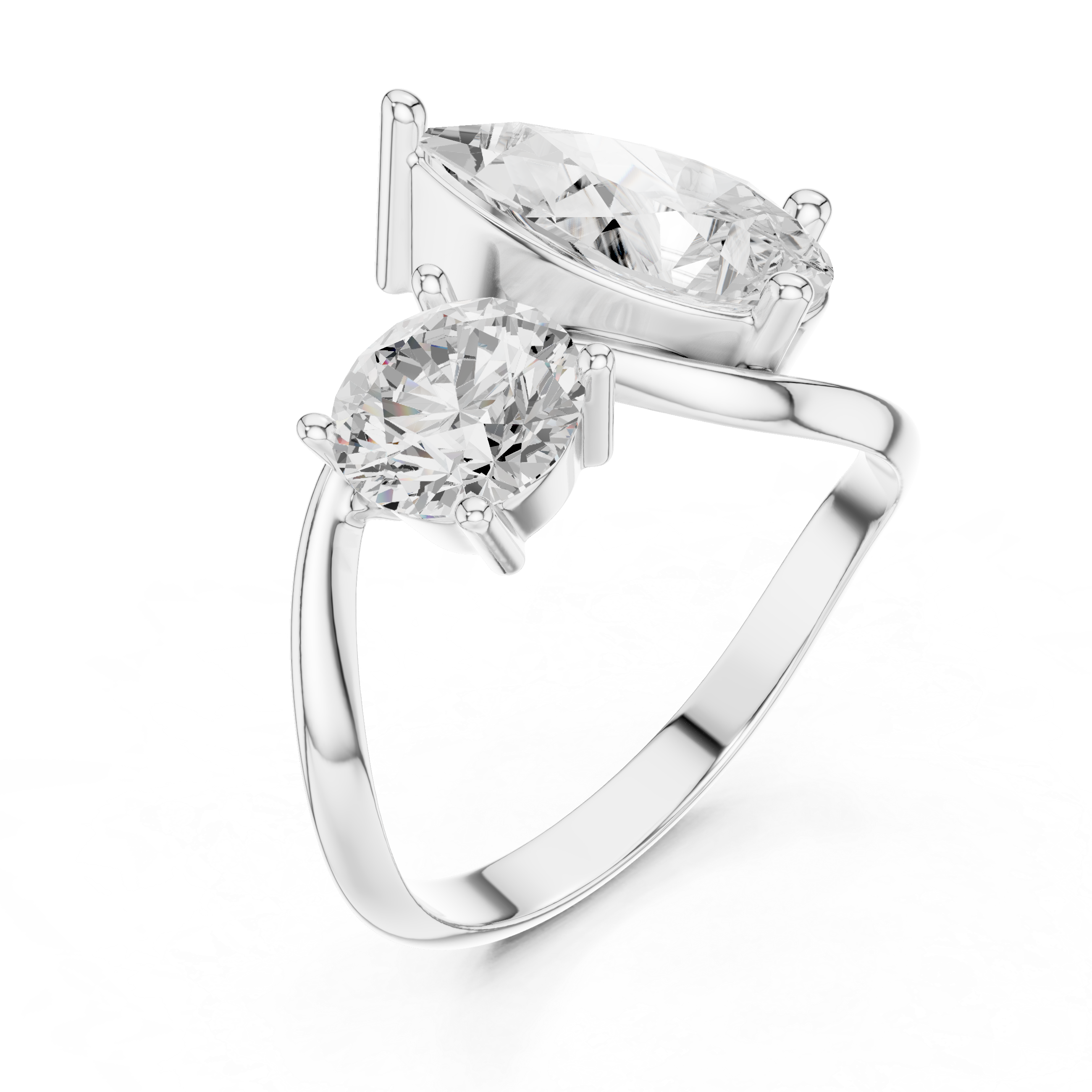 Round & Pear Diamond Bypass Ring – Two Stone Open Twist Engagement Ring
