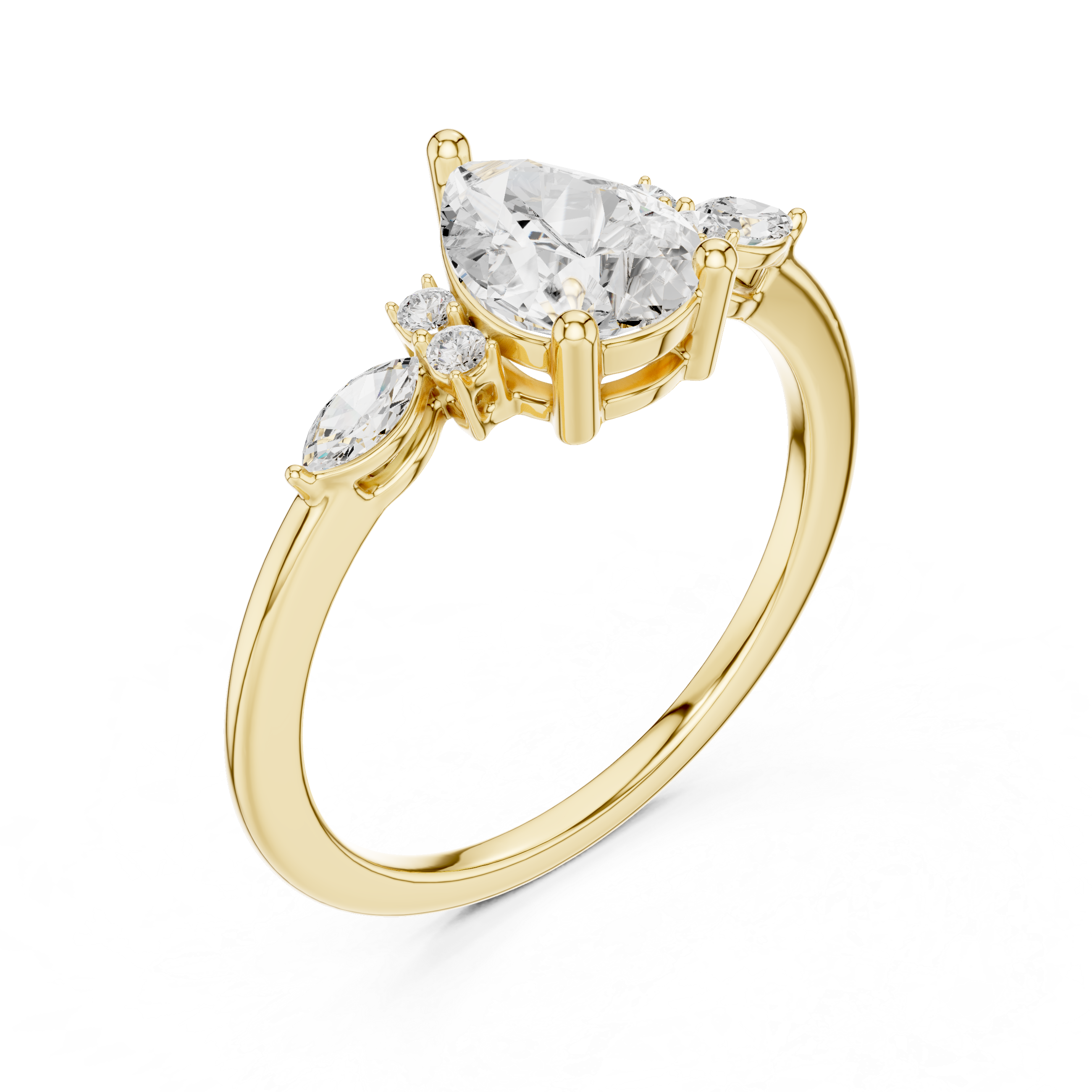 Pear Diamond Engagement Ring with Marquise Side Stones – Vintage Inspired Three-Stone Ring