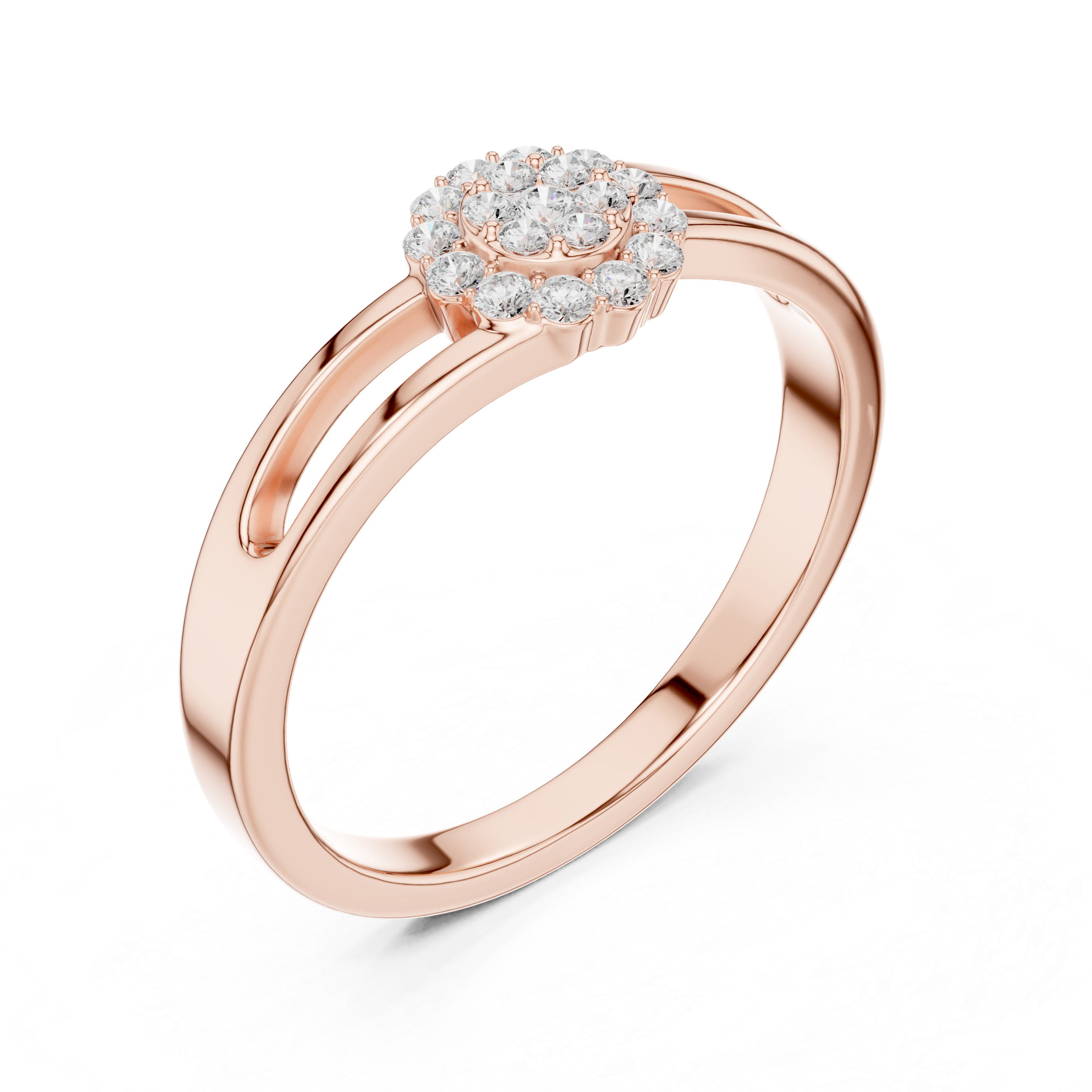 Round Diamond Cluster Halo Split Shank Ring
