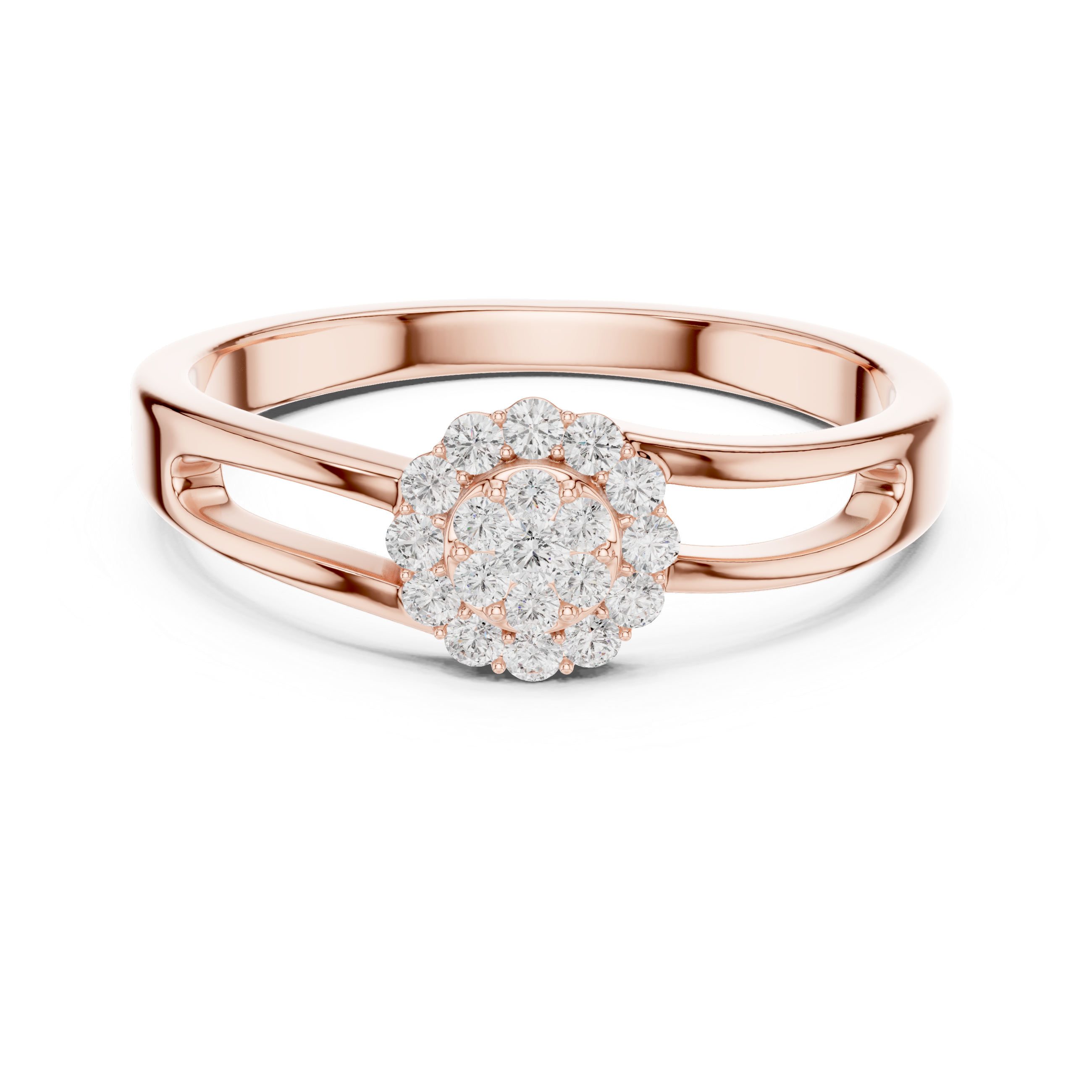 Round Diamond Cluster Halo Split Shank Ring