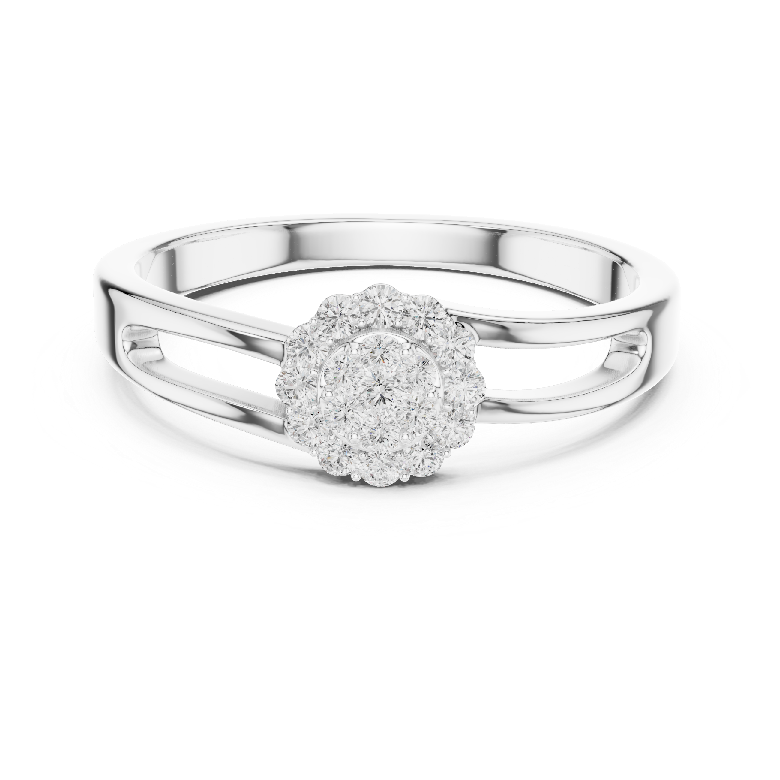 Round Diamond Cluster Halo Split Shank Ring