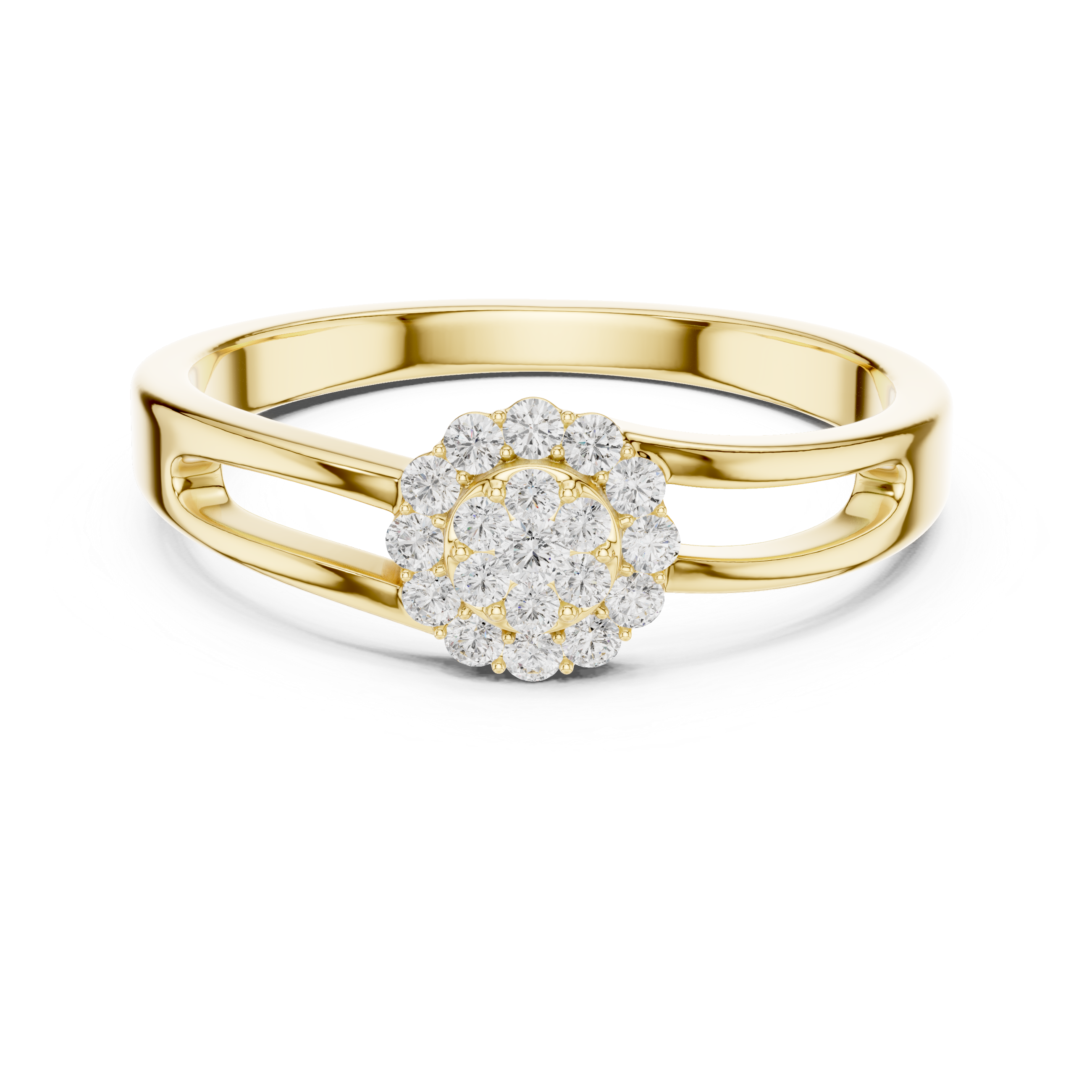 Round Diamond Cluster Halo Split Shank Ring