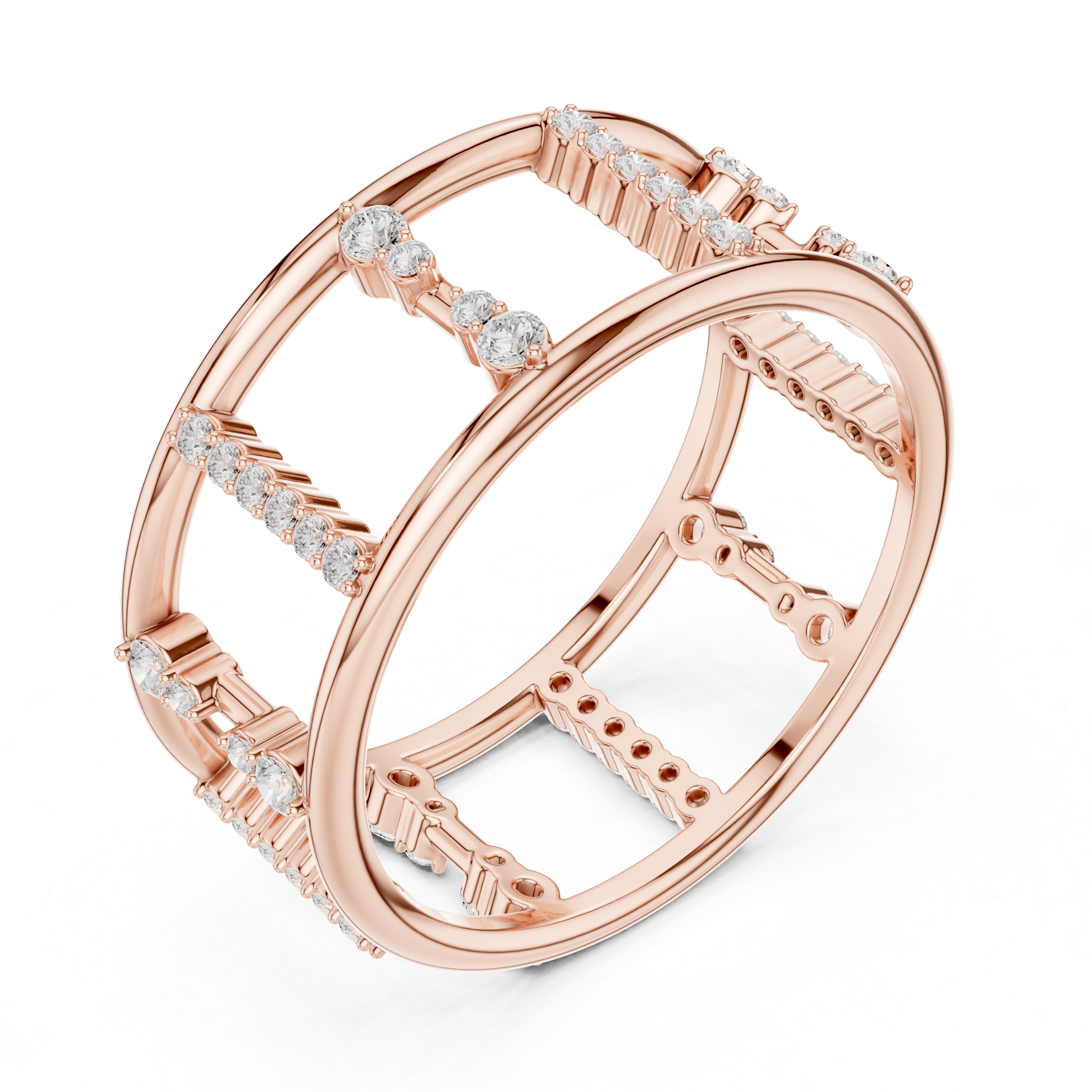 Diamond Openwork Cage Ring – Geometric Multi-Row Statement Ring