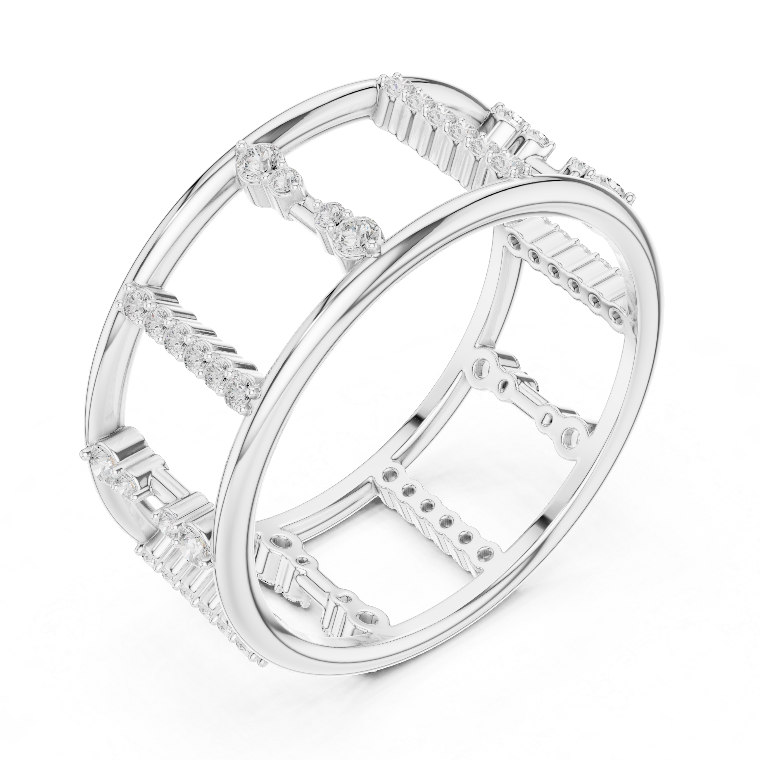 Diamond Openwork Cage Ring – Geometric Multi-Row Statement Ring