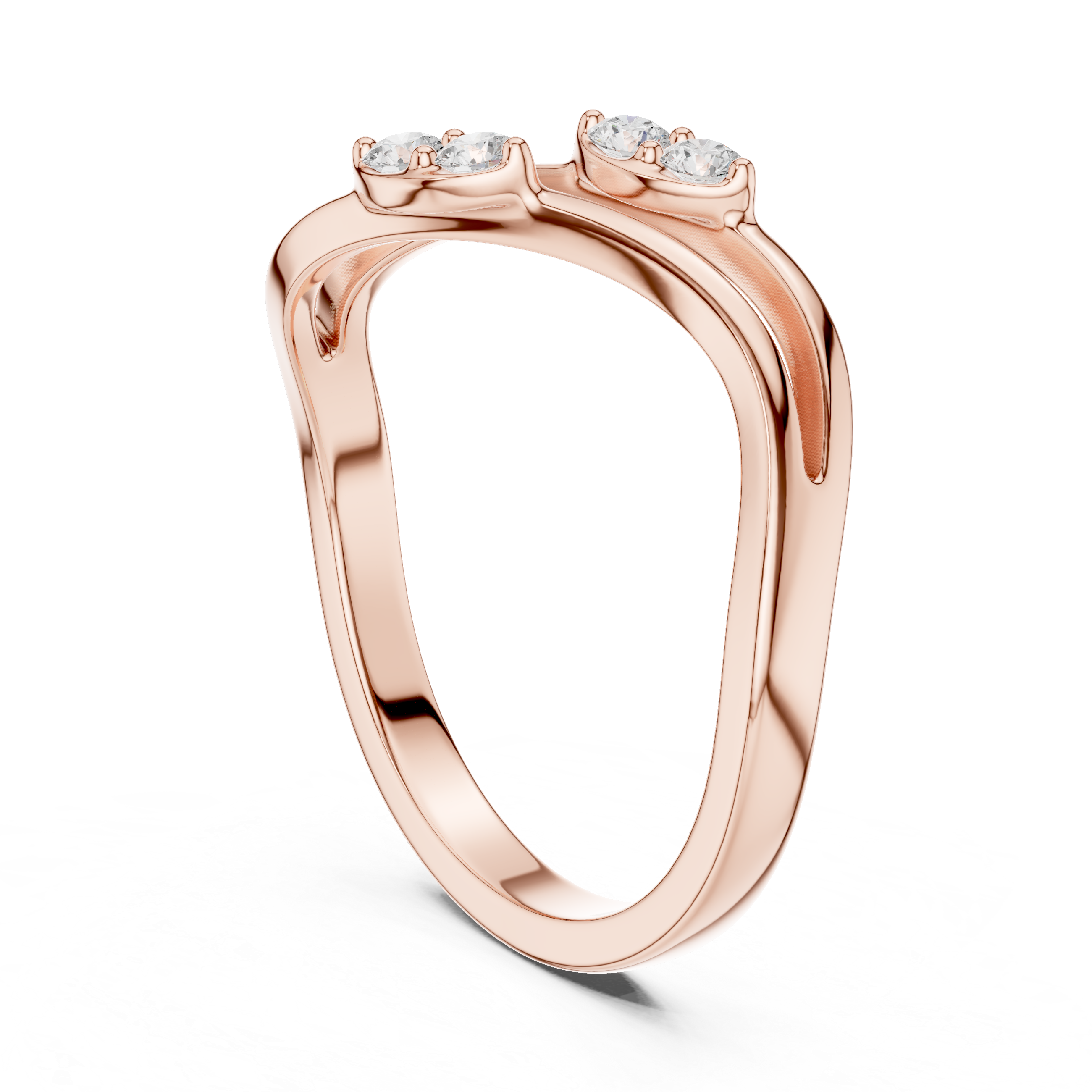 Double Wave Diamond Ring – Modern Openwork Crossover Band with Four Round Stones