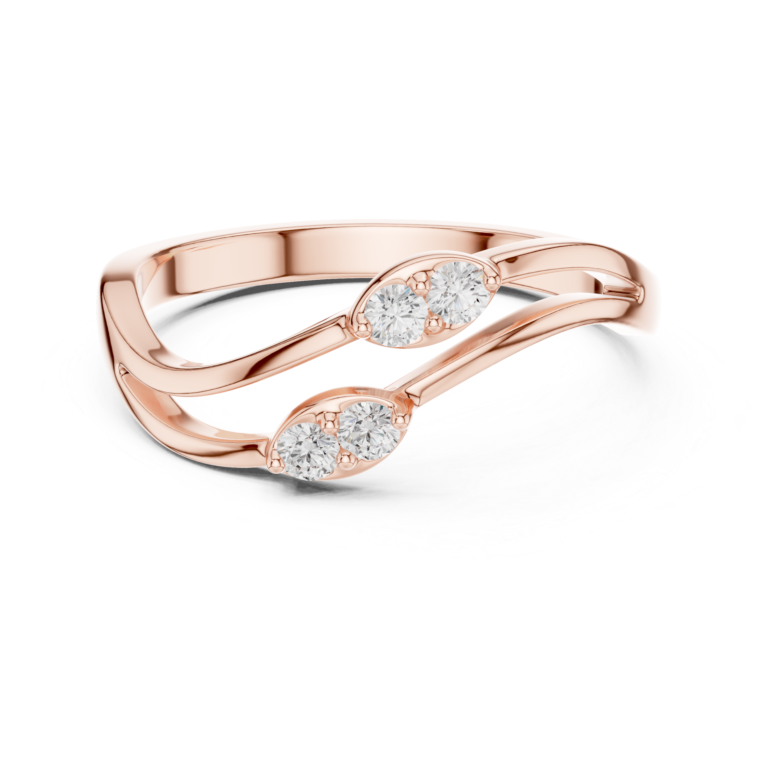 Double Wave Diamond Ring – Modern Openwork Crossover Band with Four Round Stones