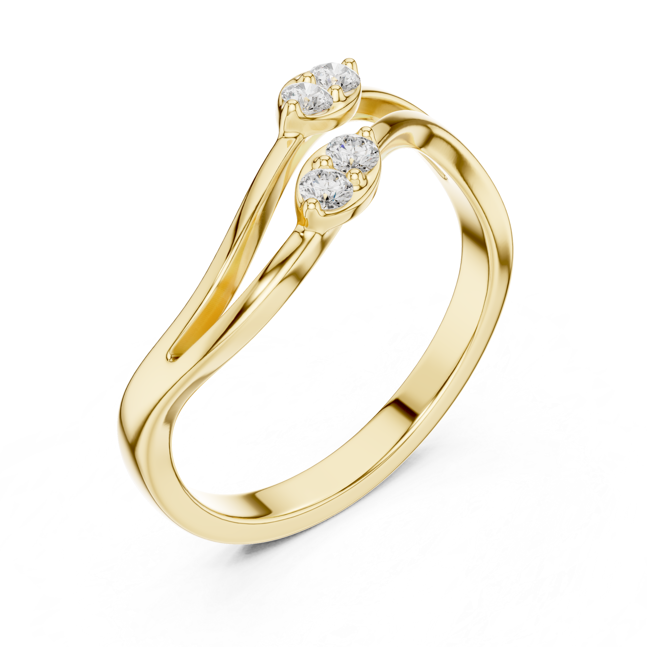 Double Wave Diamond Ring – Modern Openwork Crossover Band with Four Round Stones