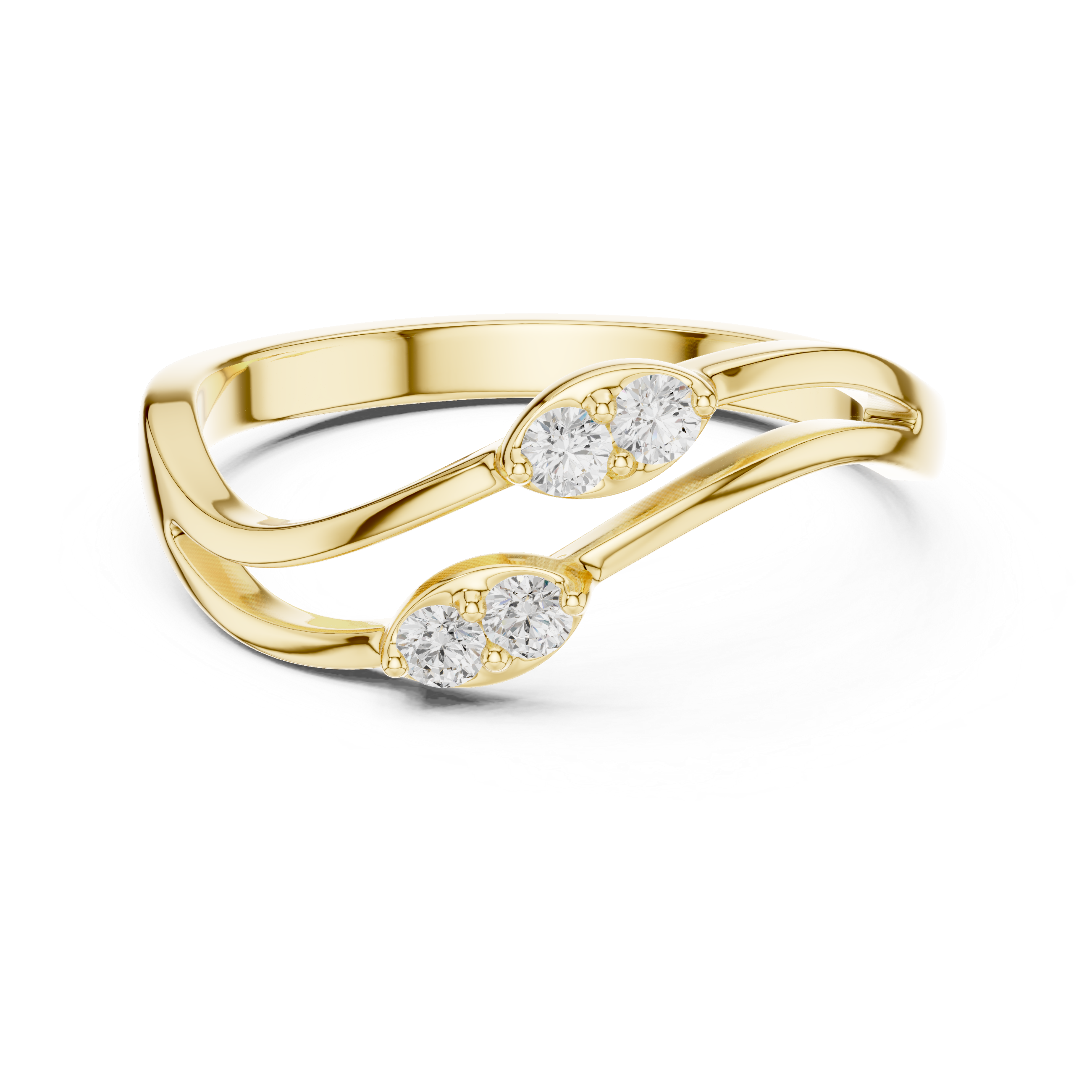 Double Wave Diamond Ring – Modern Openwork Crossover Band with Four Round Stones