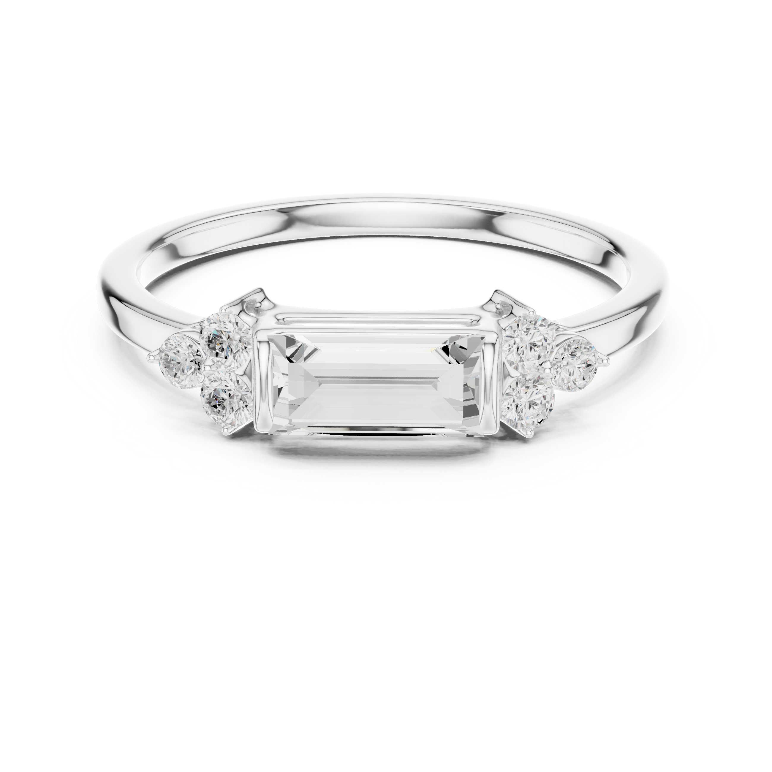 Emerald Cut Diamond Ring with Round Diamond Clusters – Minimalist Three-Stone Engagement Ring