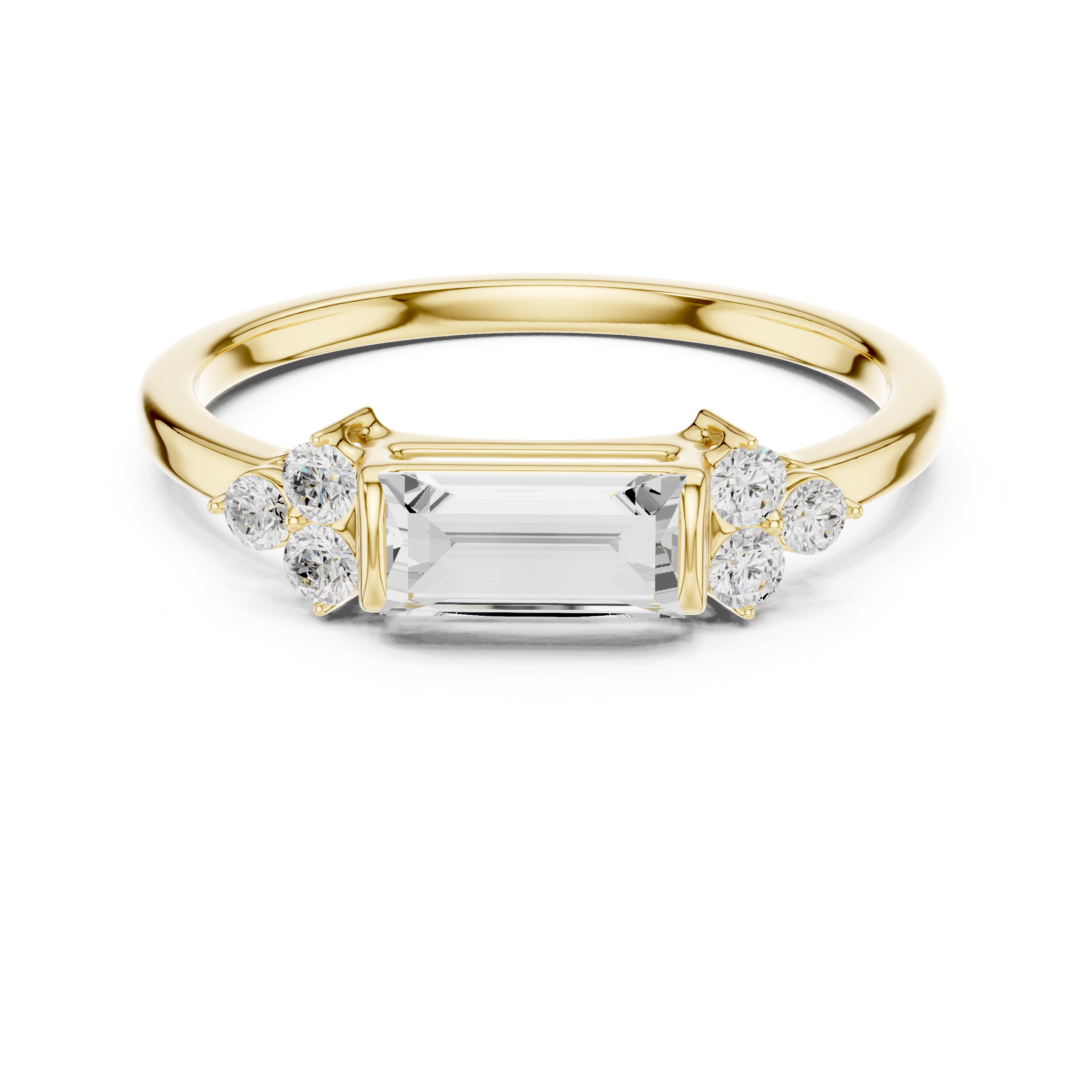 Emerald Cut Diamond Ring with Round Diamond Clusters – Minimalist Three-Stone Engagement Ring