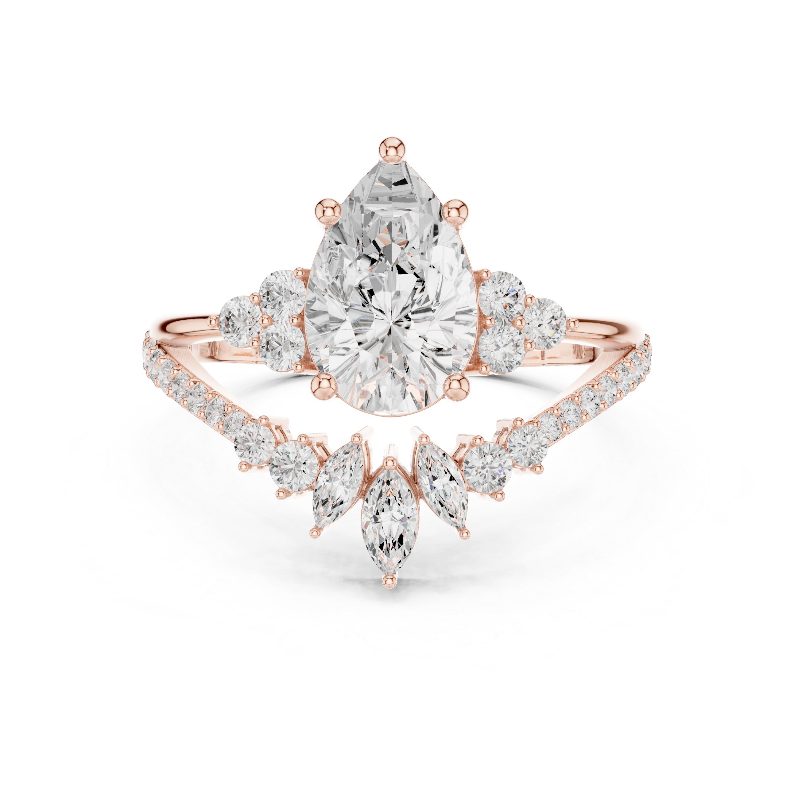 Pear Shaped Diamond Bridal Ring Set with Chevron Wedding Band – Vintage Inspired Engagement Ring Set
