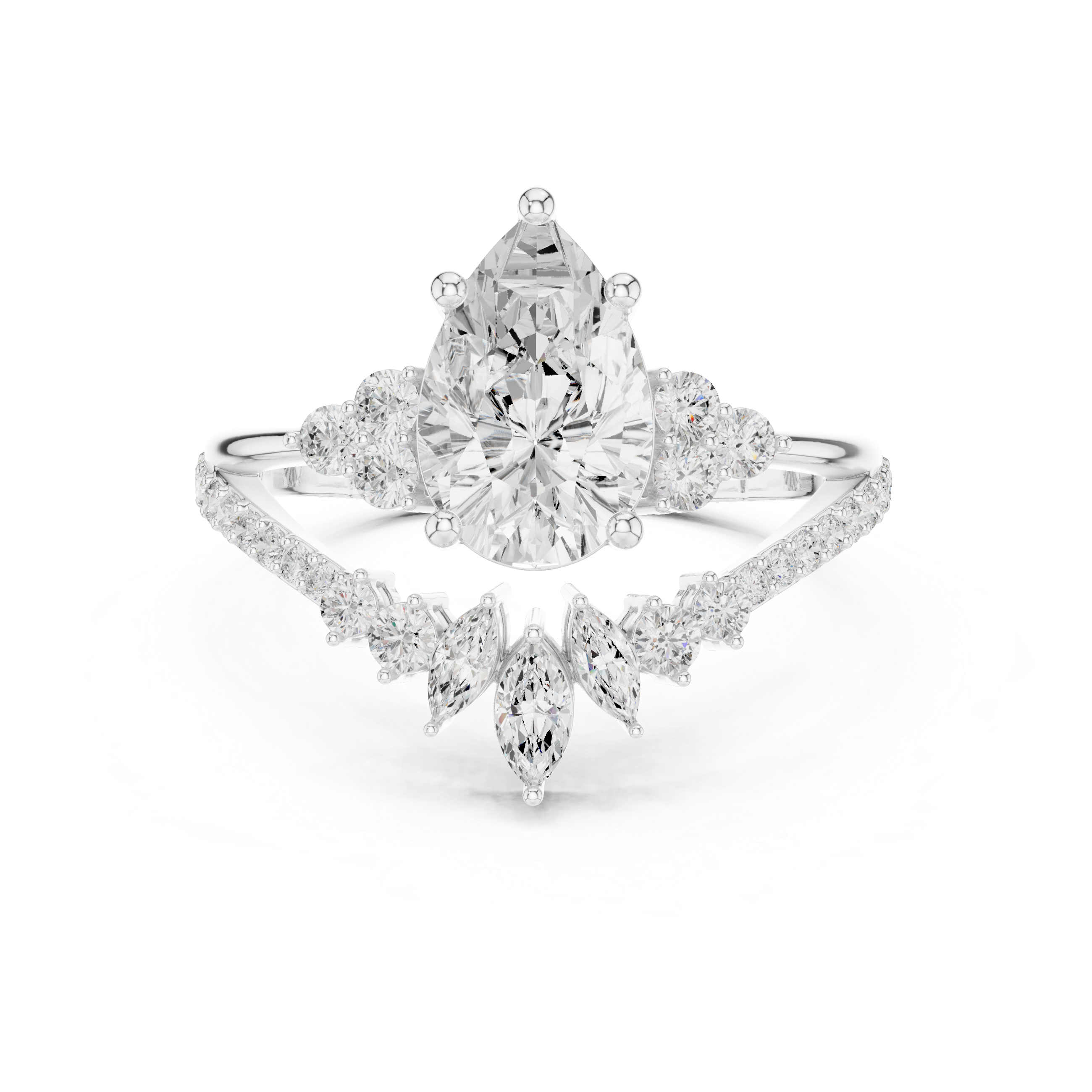 Pear Shaped Diamond Bridal Ring Set with Chevron Wedding Band – Vintage Inspired Engagement Ring Set