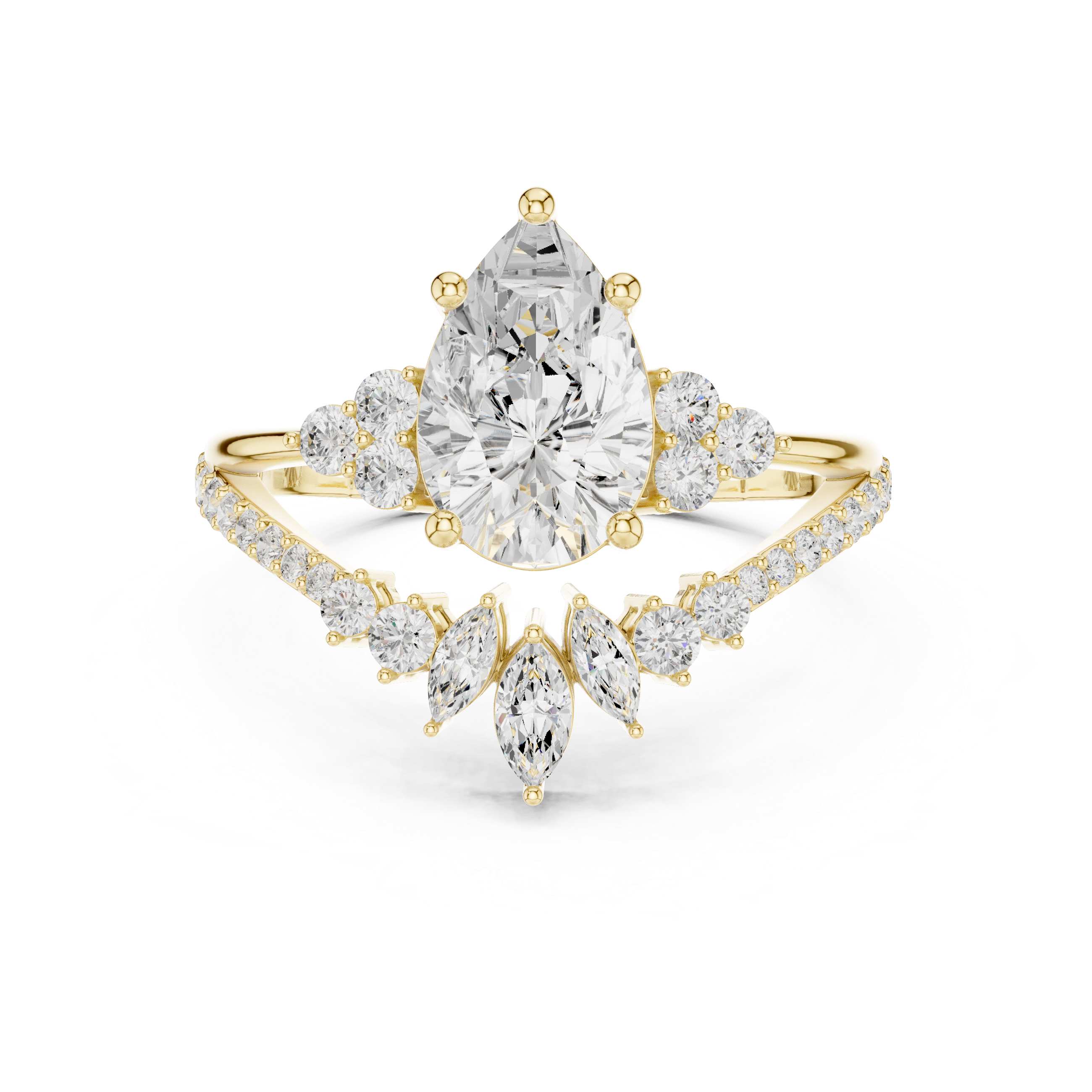 Pear Shaped Diamond Bridal Ring Set with Chevron Wedding Band – Vintage Inspired Engagement Ring Set